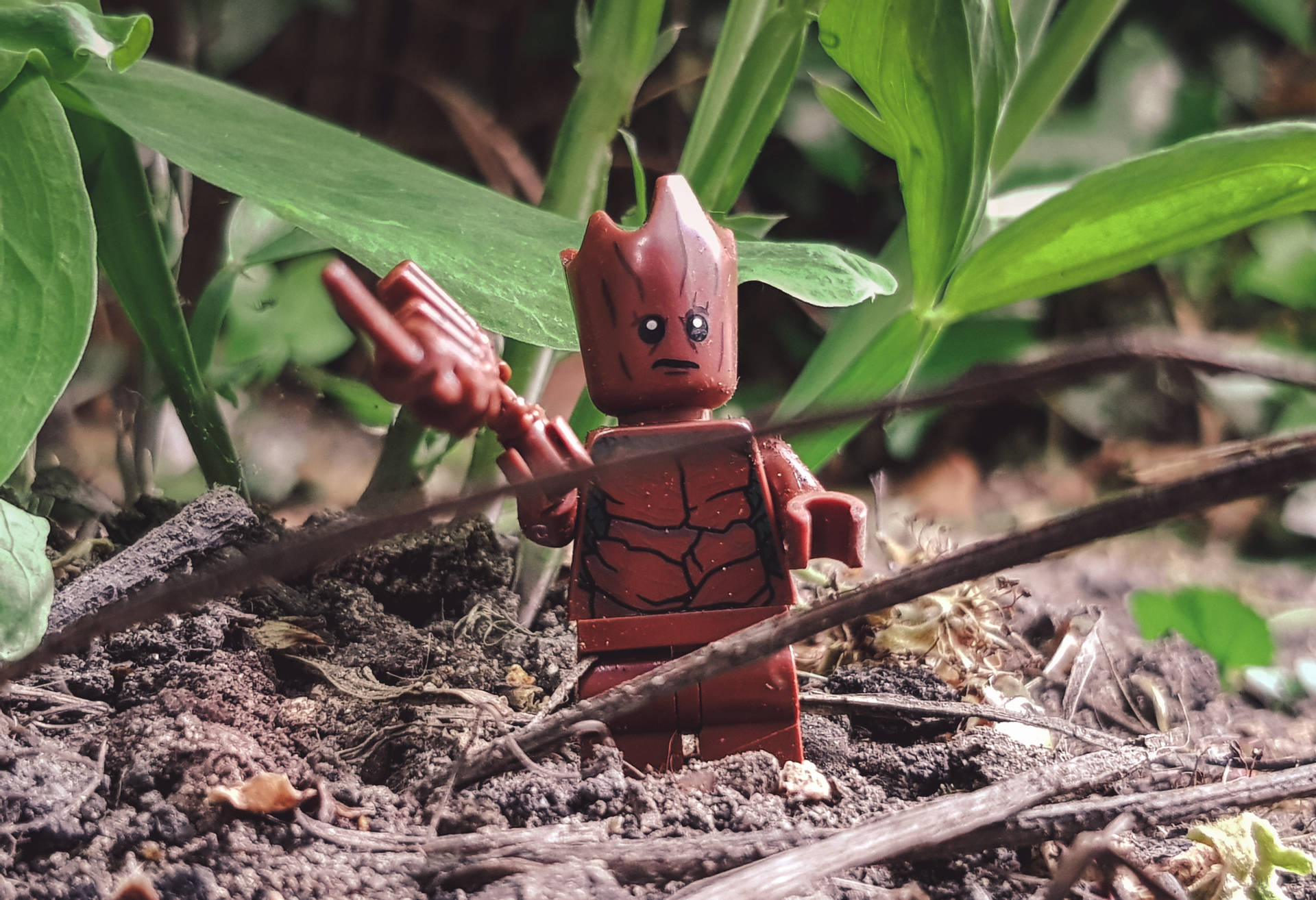 LEGO Groot人偶在泥土中，周圍有綠色植物 — 格魯特 GIF 壁紙