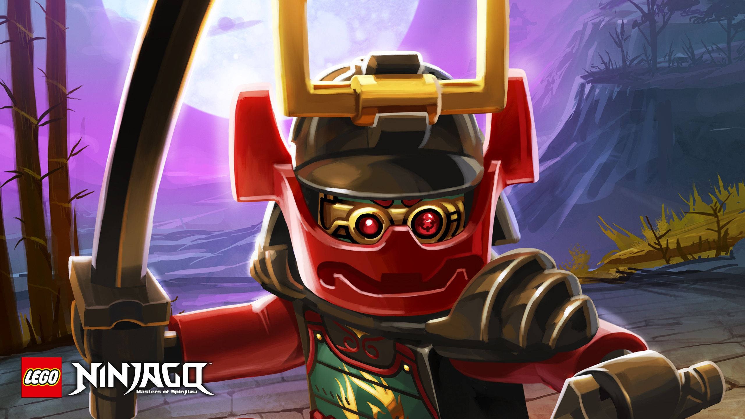 Ninjago 桌布 壁紙 — 一個紅色LEGO Ninjago忍者，發光的眼睛和金色頭盔，手持劍，準備在紫色暮光森林背景下戰鬥。