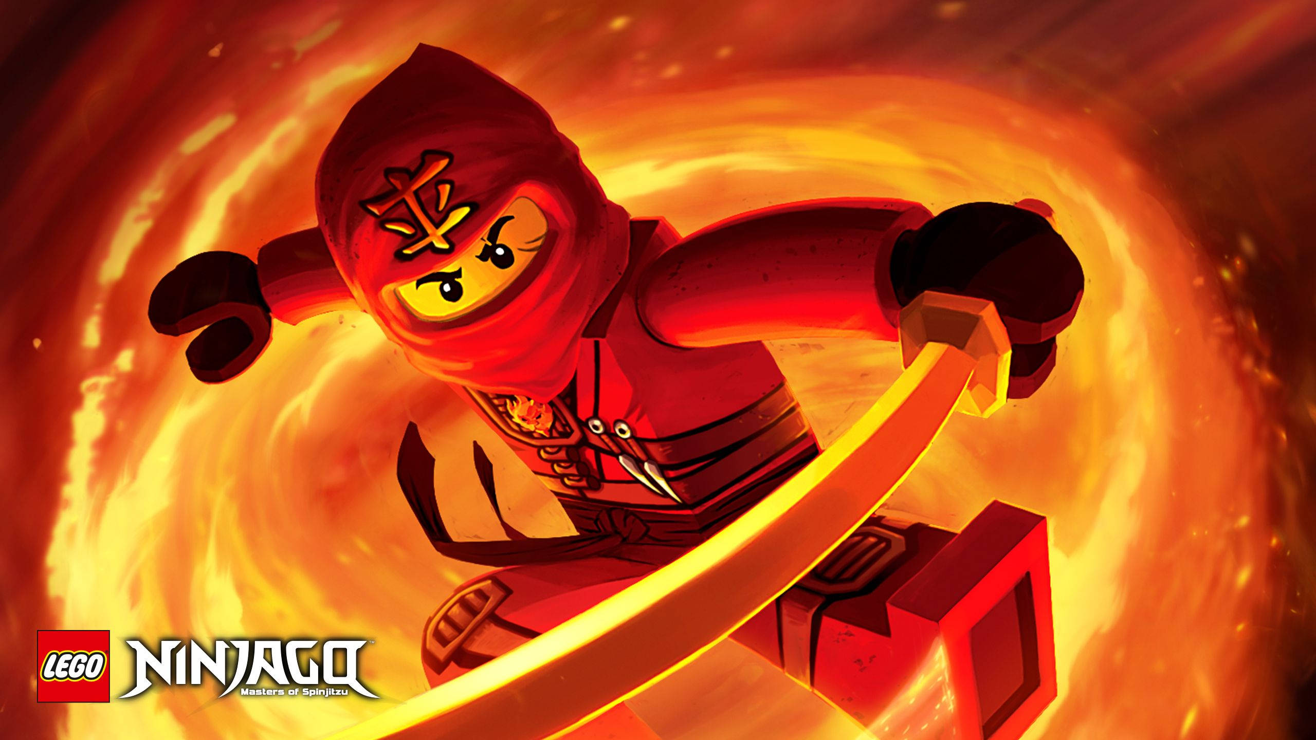 Ninjago 桌布 壁紙 — 一個紅色LEGO忍者在旋轉火焰中揮舞發光劍，擺出動感動作姿勢。
