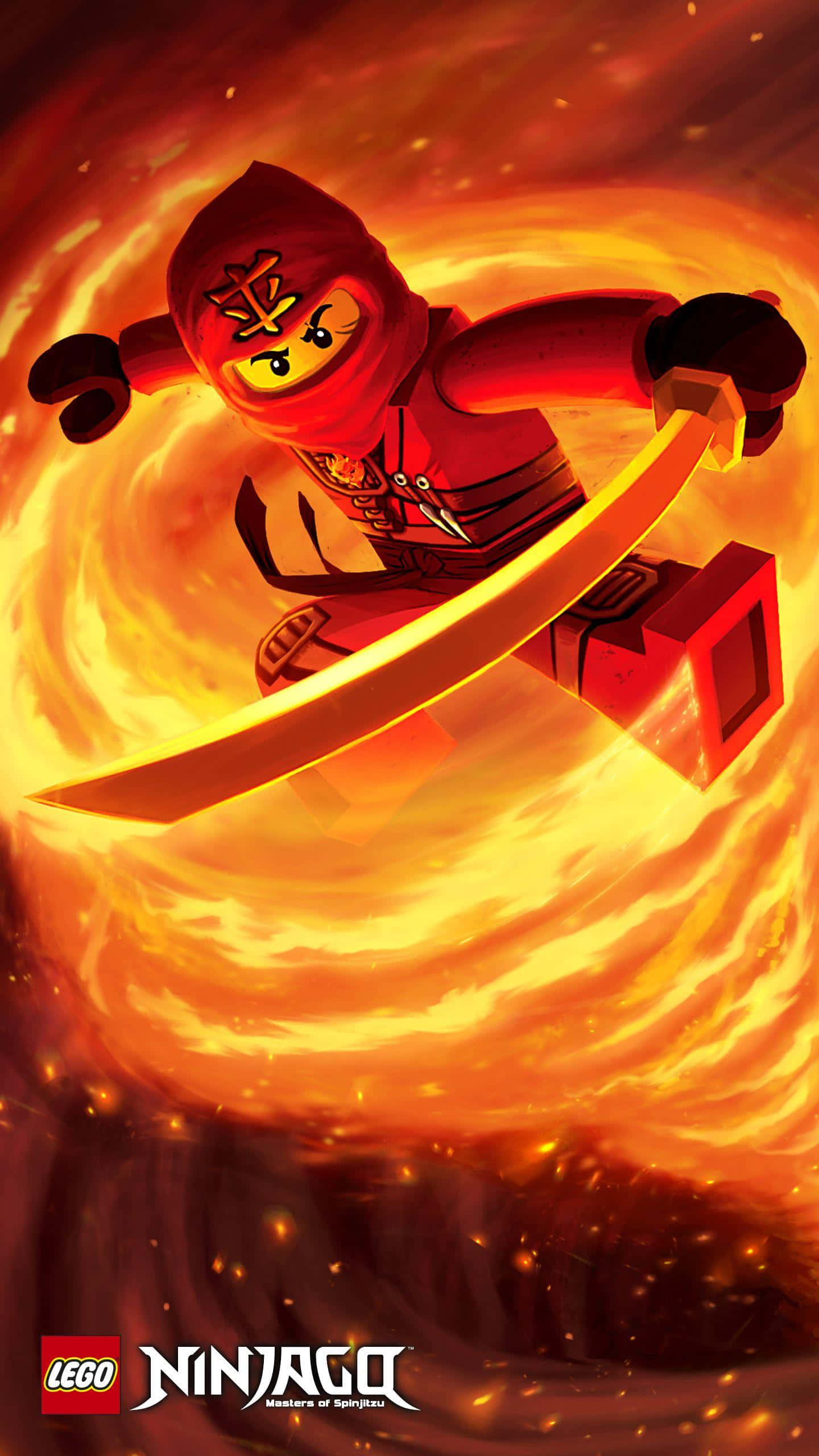 poster 桌布 壁紙 — 一個紅色LEGO忍者在旋轉火焰中揮舞發光劍，擺出動感動作姿勢。