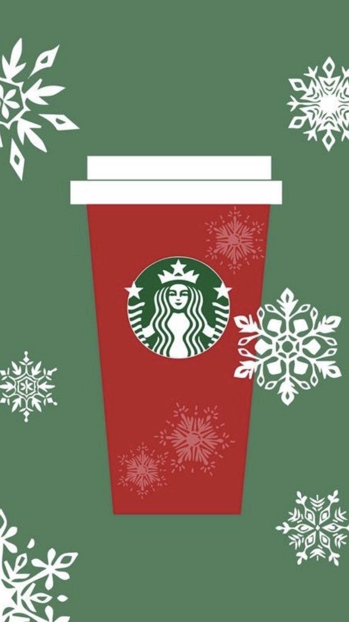 紅色Starbucks節日咖啡杯，在綠色背景上有雪花。 — 雪花 GIF 壁紙