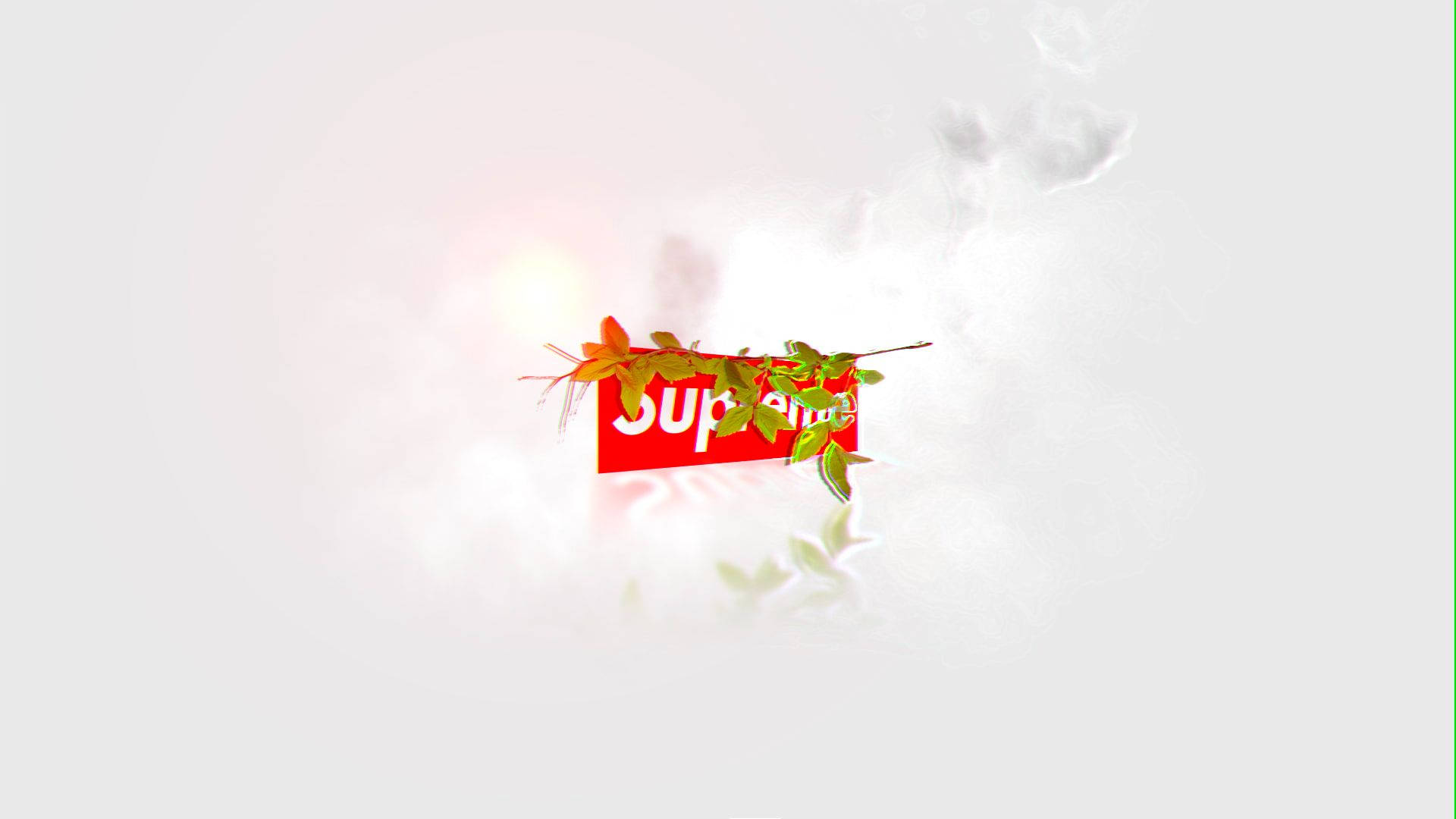 Cool Supreme 桌布 壁紙 — 一個紅色Supreme方盒標誌，飾以秋葉，漂浮在柔軟的白雲中，背後有發光的光線。