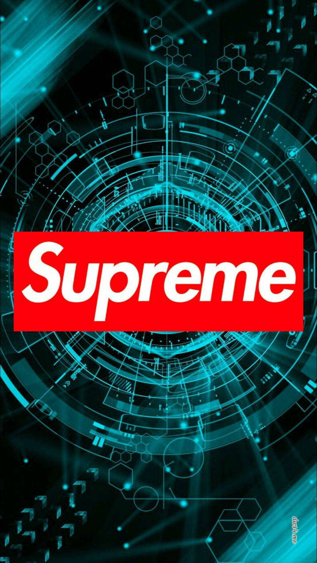 supreme 桌布 壁紙 — 一個紅色Supreme標誌居中在發光的青綠色未來電路板上，帶有六邊形圖案和光條。