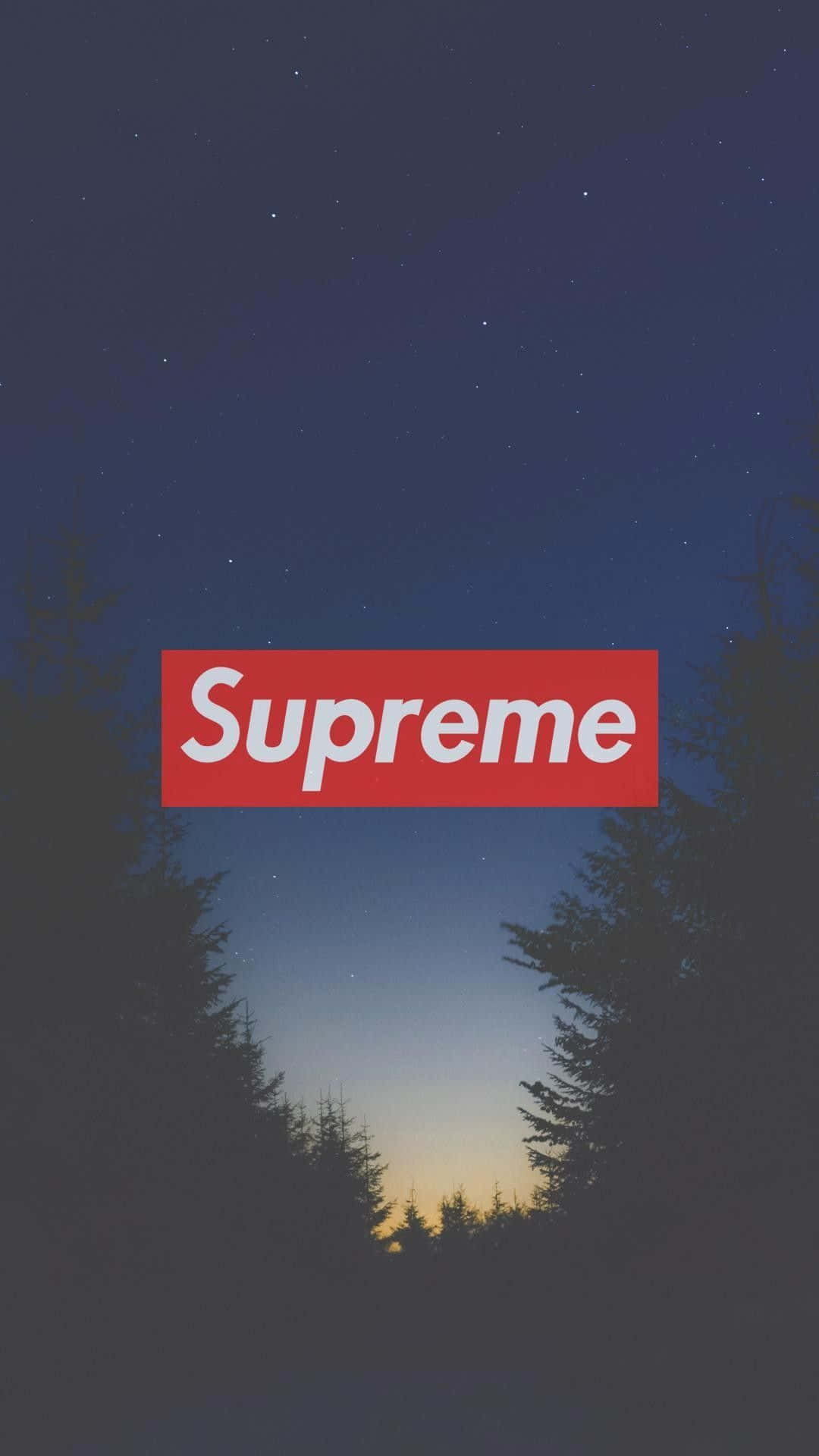 Silhouette 桌布 壁紙 — 一個紅色Supreme標誌漂浮在星光燦爛的暮色天空中，周圍環繞著深色松樹。