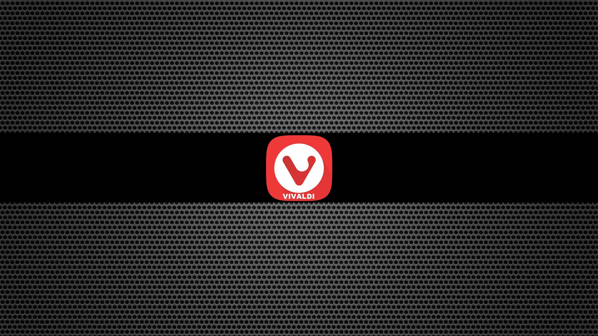 Website 桌布 壁紙 — 一個紅色Vivaldi瀏覽器標誌居中在黑色穿孔金屬紋理背景上。