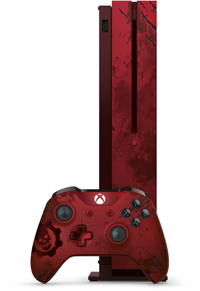Xbox 桌布 壁紙 — 一個紅色Xbox主機和手把，帶有骷髏頭和齒輪貼花，立在黑色背景前。