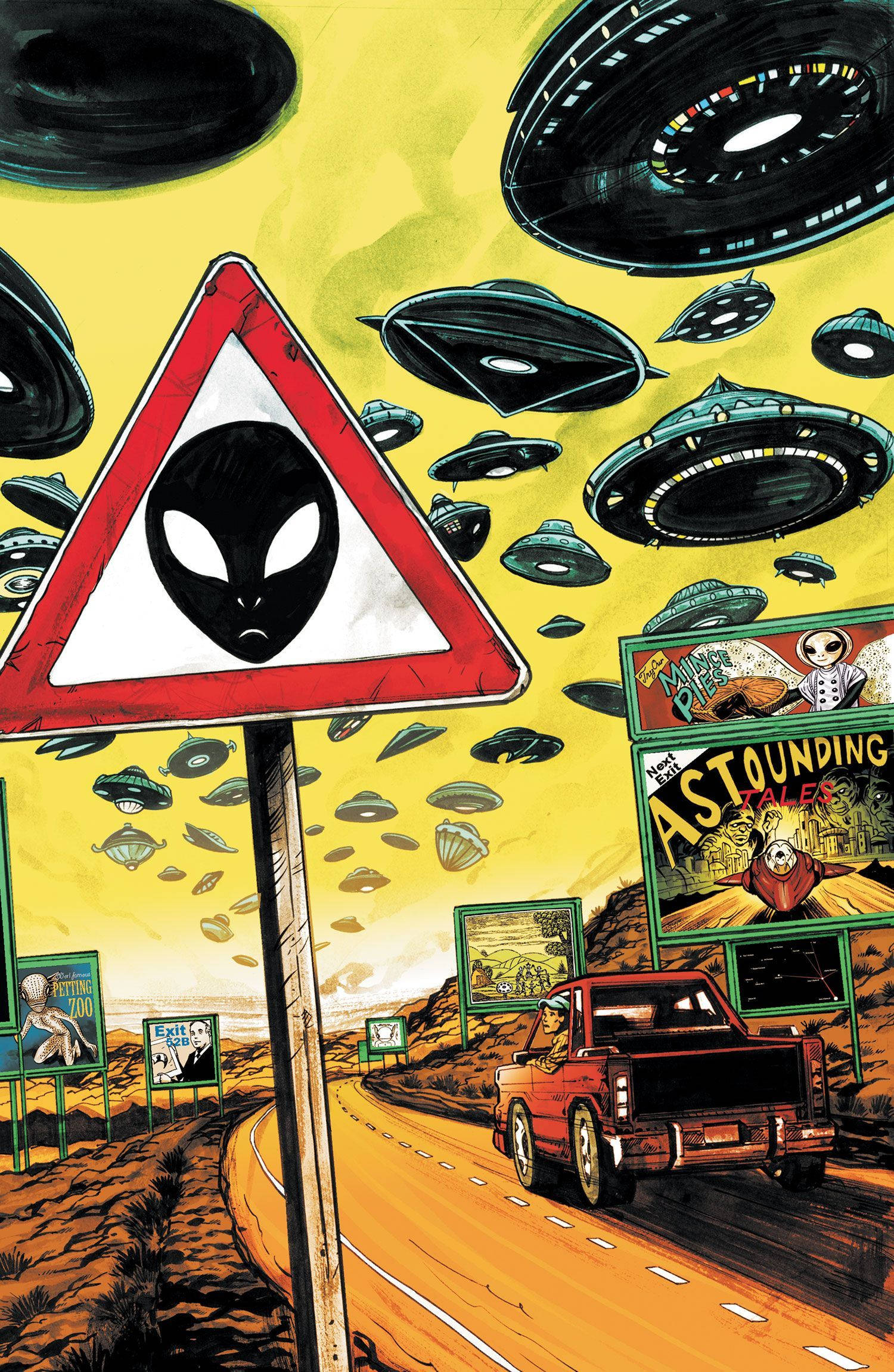 Cool Alien 桌布 壁紙 — 一個紅色三角形外星人警告標誌矗立在沙漠公路上，UFO在黃色天空下成群飛過。