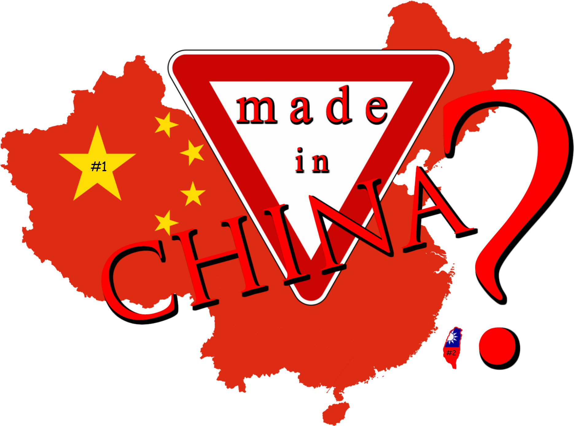 中國 桌布 壁紙 — 一個紅色三角形警告標誌，上面有 'made in' 文字，覆蓋在一個像國旗一樣帶有黃色星星的中國地圖上。
