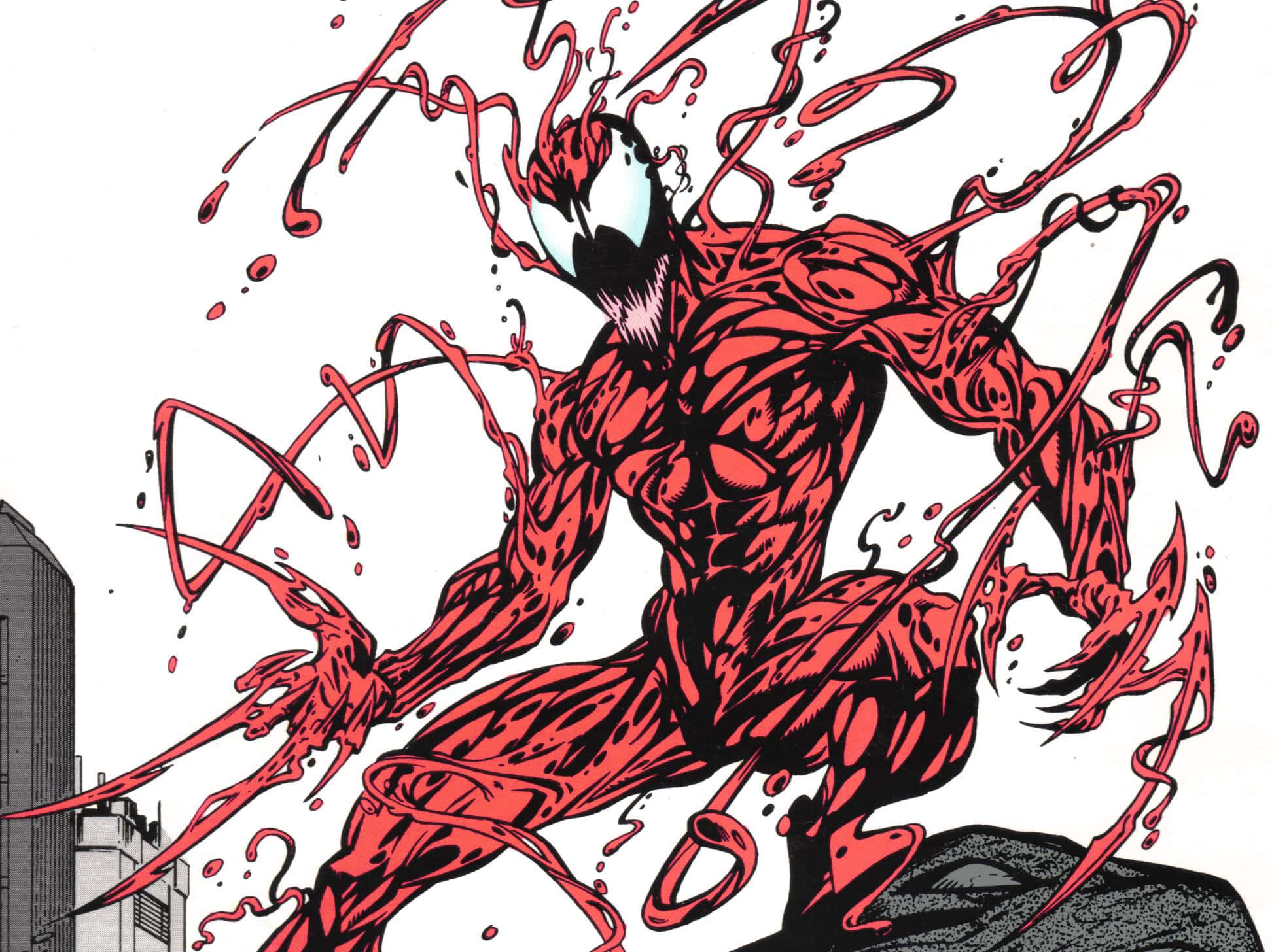 Spider Carnage 桌布 壁紙 — 一個紅色共生體生物，白色眼睛和黑色輪廓，以漫畫風格向前猛衝，觸手飛舞。