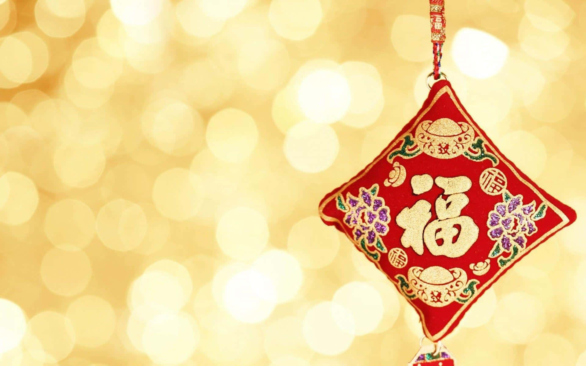 Chinese New Year 2022 桌布 壁紙 — 一個紅色刺繡的中國新年裝飾，帶有金色「福」字，懸掛在溫暖的金色散景背景上。