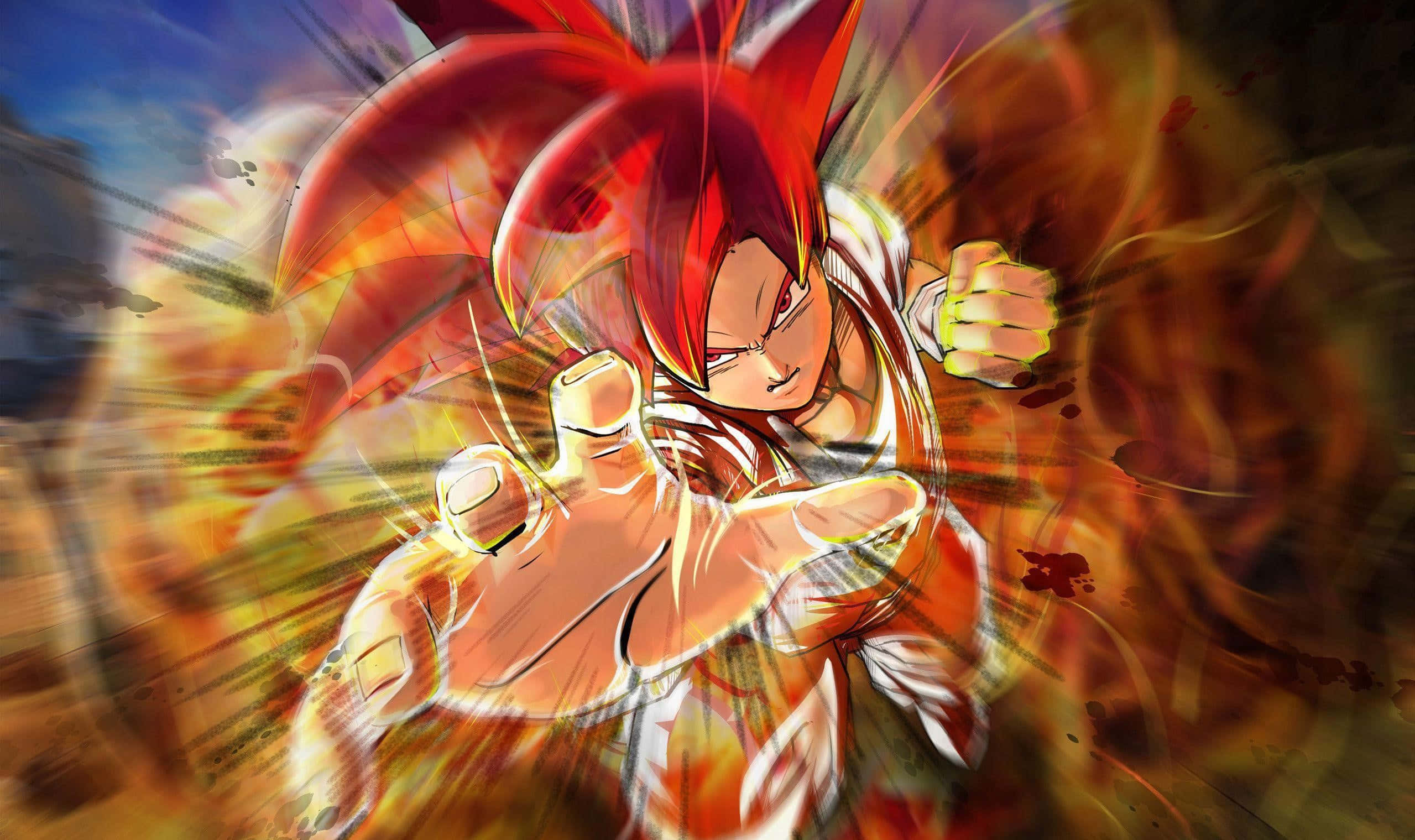 Cool Dragon Ball 桌布 壁紙 — 一個紅色刺蝟頭的動漫角色以動感姿勢釋放出火焰能量爆炸。