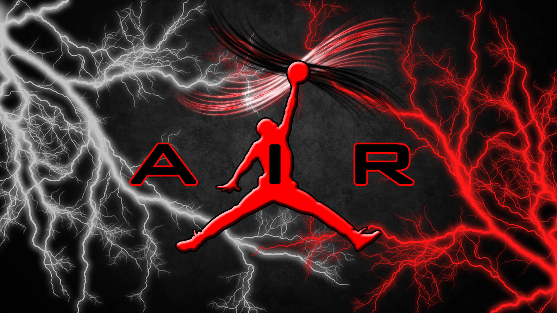 Air Jordan 桌布 壁紙 — 一個紅色剪影，描繪一名籃球運動員在半空中運球，被白色和紅色的閃電包圍，背景為深色，並帶有「AIR」字樣。