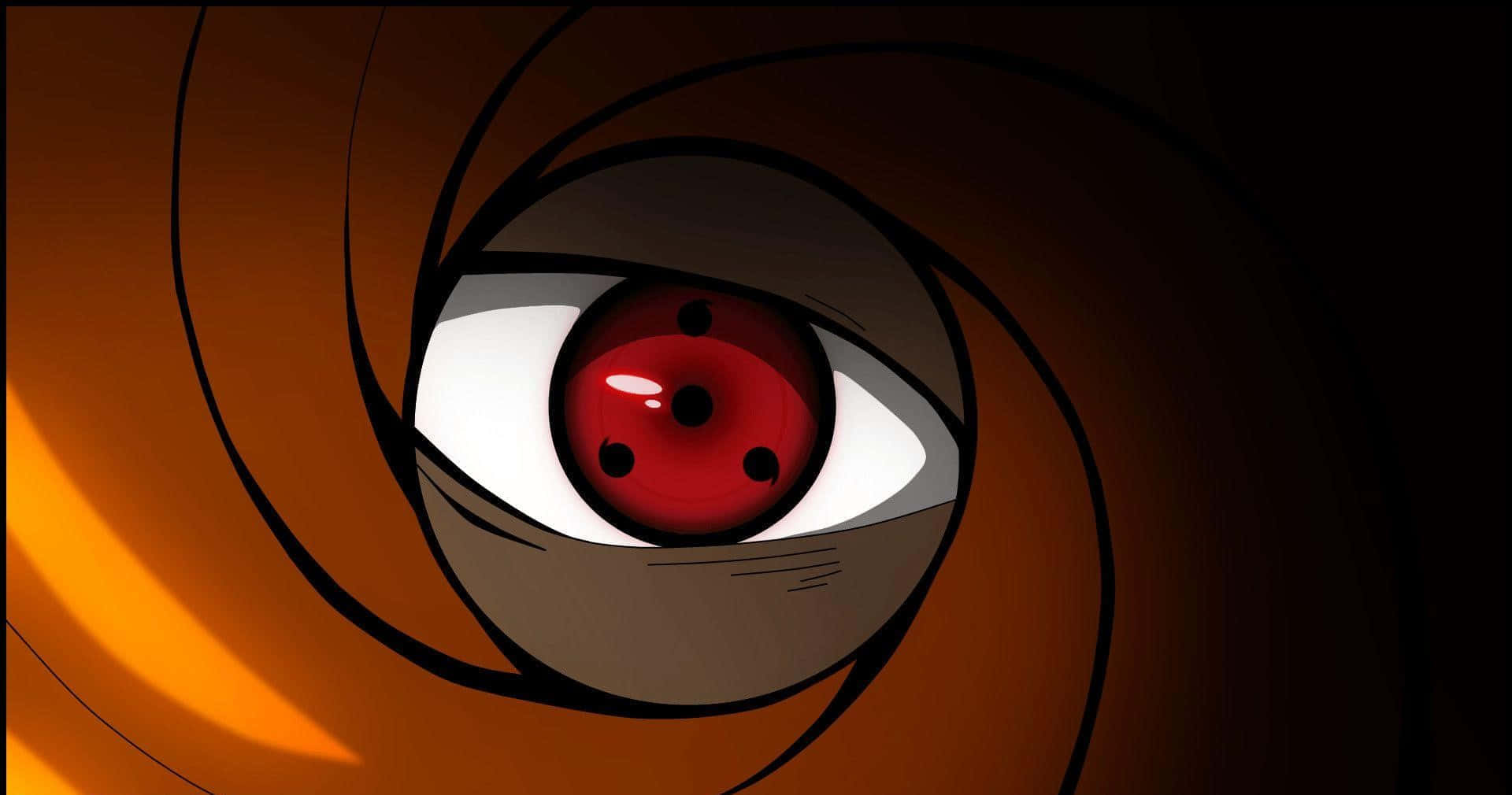 Akatsuki Mask 桌布 壁紙 — 一個紅色動漫眼睛的特寫，帶有三個黑色巴紋漩渦，背景是深橙色螺旋。