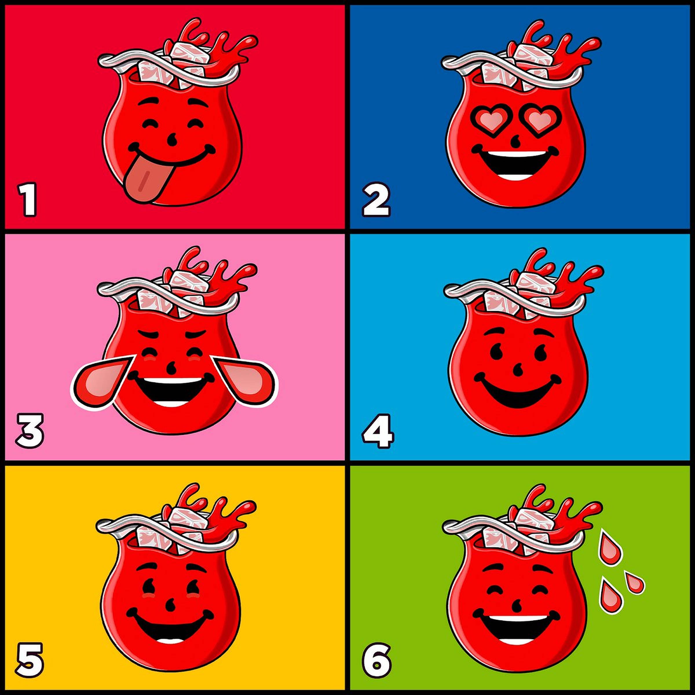 Kool Aid 小幫手 桌布 壁紙 — 一個紅色卡通Kool-Aid Man角色，帽子裡有冰塊，在彩色背景上展現六種不同的俏皮表情。