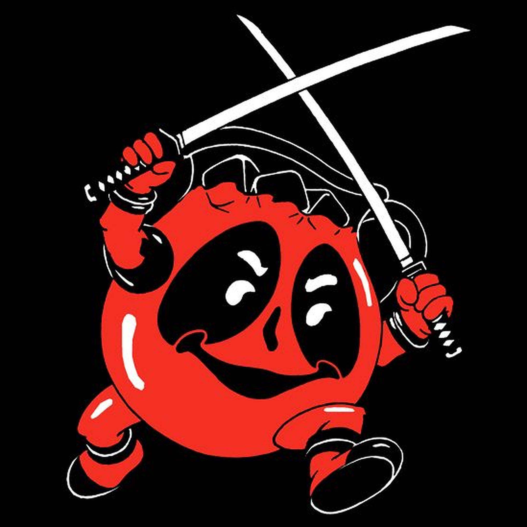 Kool Aid 小幫手 桌布 壁紙 — 一個紅色卡通死侍角色在黑色背景上揮舞兩把交叉的劍，露出頑皮的笑容。