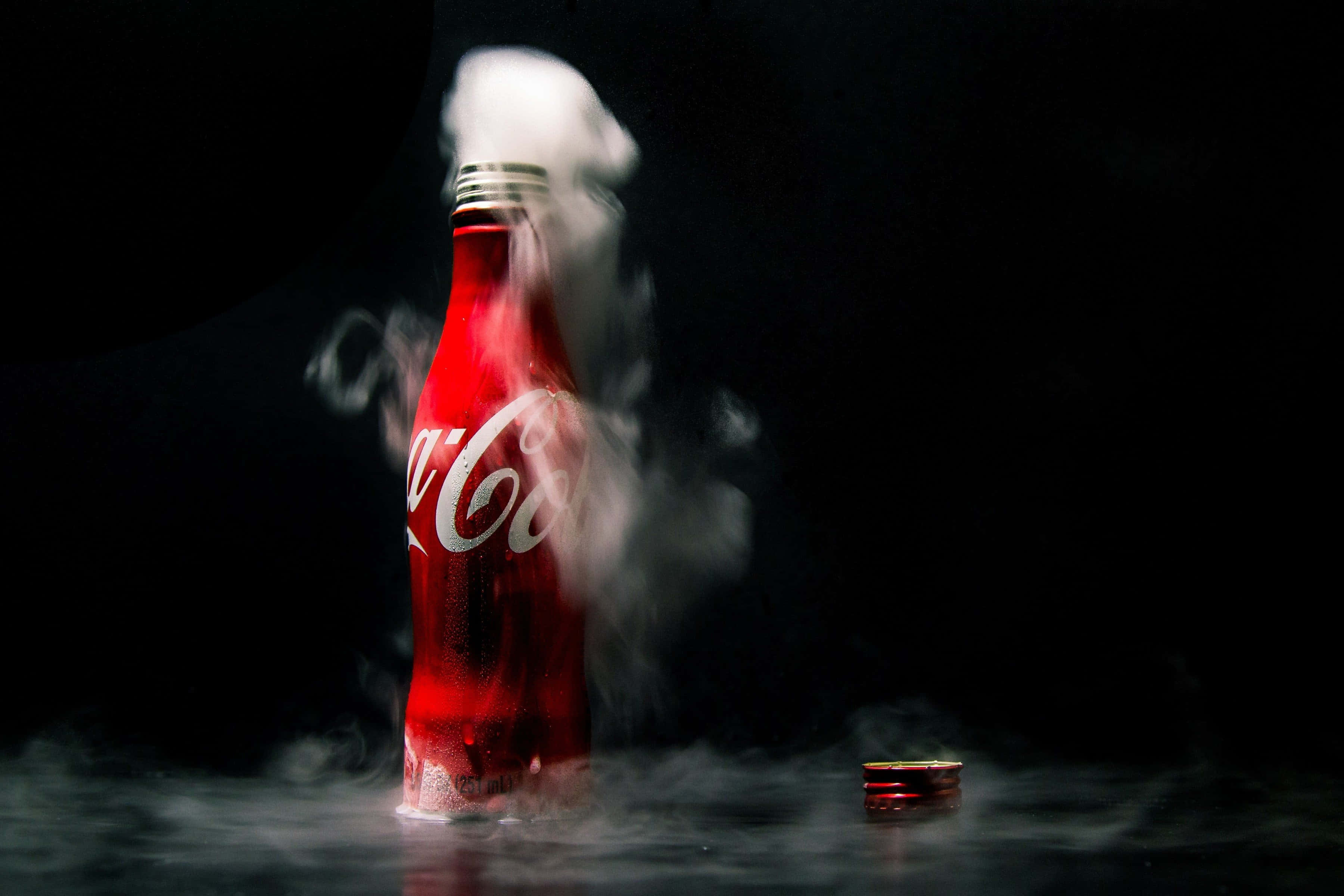 coca cola 桌布 壁紙 — 一個紅色可口可樂瓶在黑色背景上噴出白色蒸氣，瓶蓋掉落在附近。