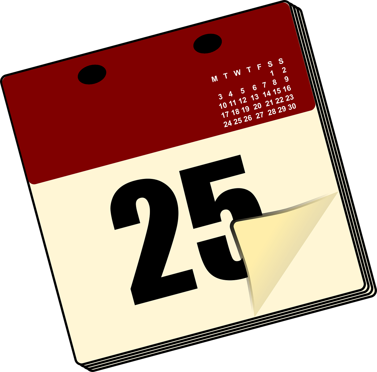 Date 桌布 壁紙 — 一個紅色和奶油色的翻頁日曆，顯示日期25，角落被剝開，露出下一頁。