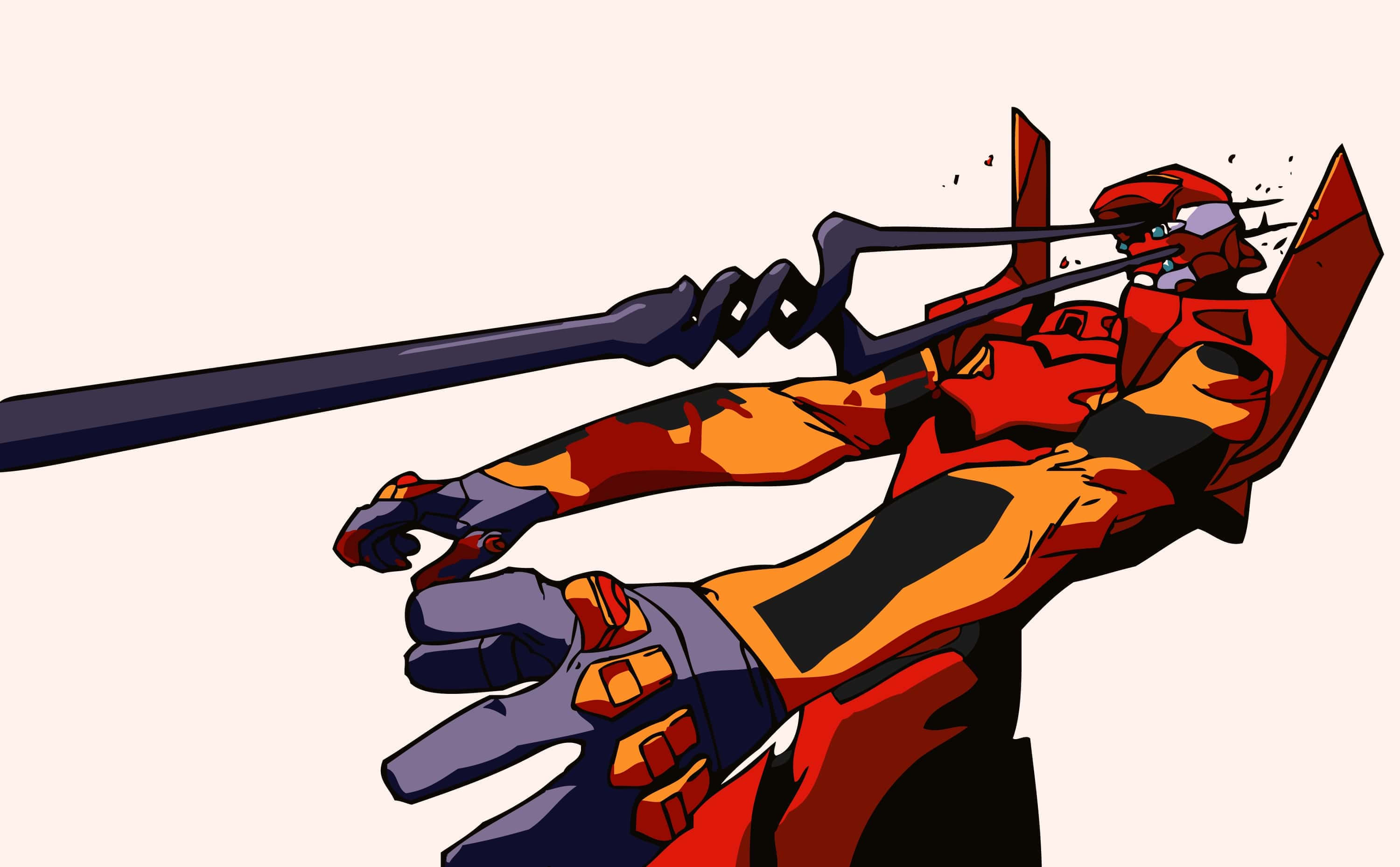 Eva-02 桌布 壁紙 — 一個紅色和橙色的生物力學戰士以動態姿勢揮舞著一把長長的黑色劍，背景是純米色。