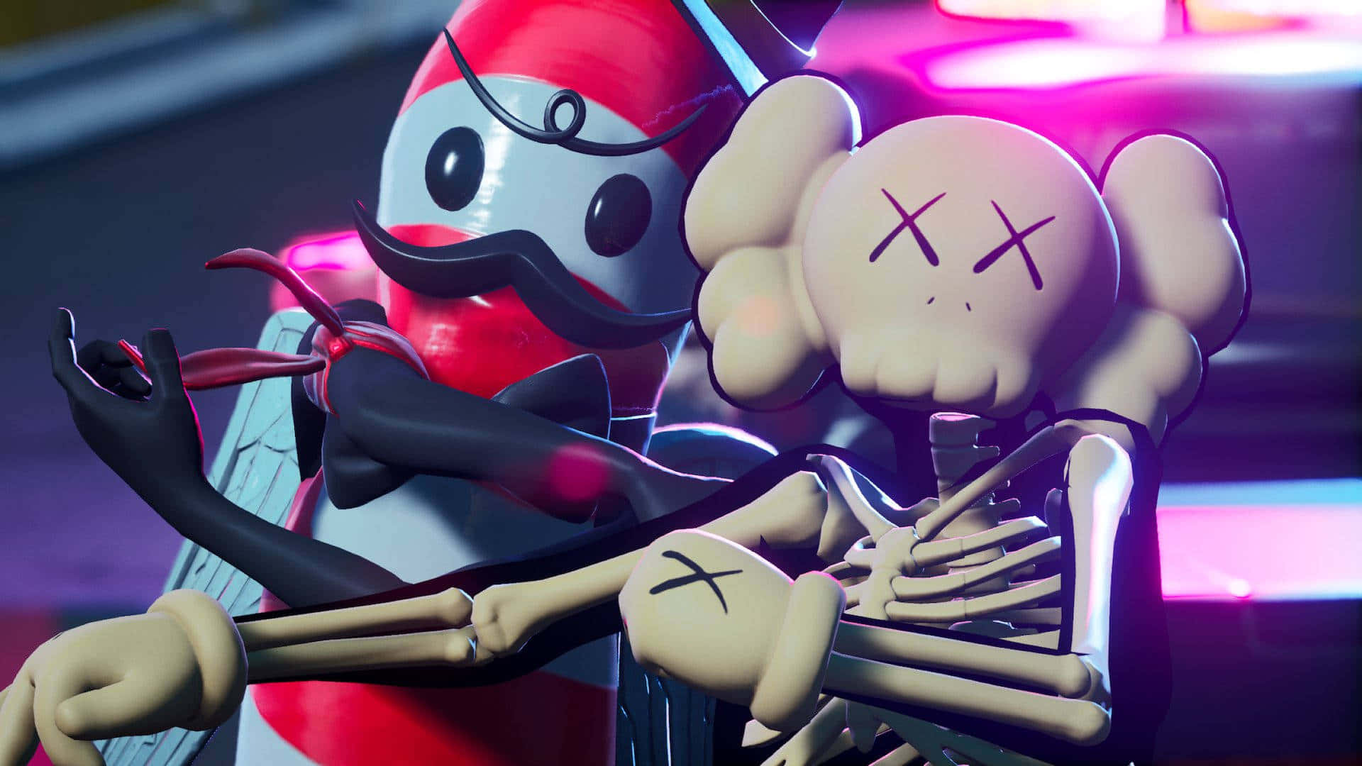 Cool Kaws 桌布 壁紙 — 一個紅色和白色的卡通人物，留著鬍子，在霓虹燈照亮的城市背景下擁抱一個米色頭骨骷髏。