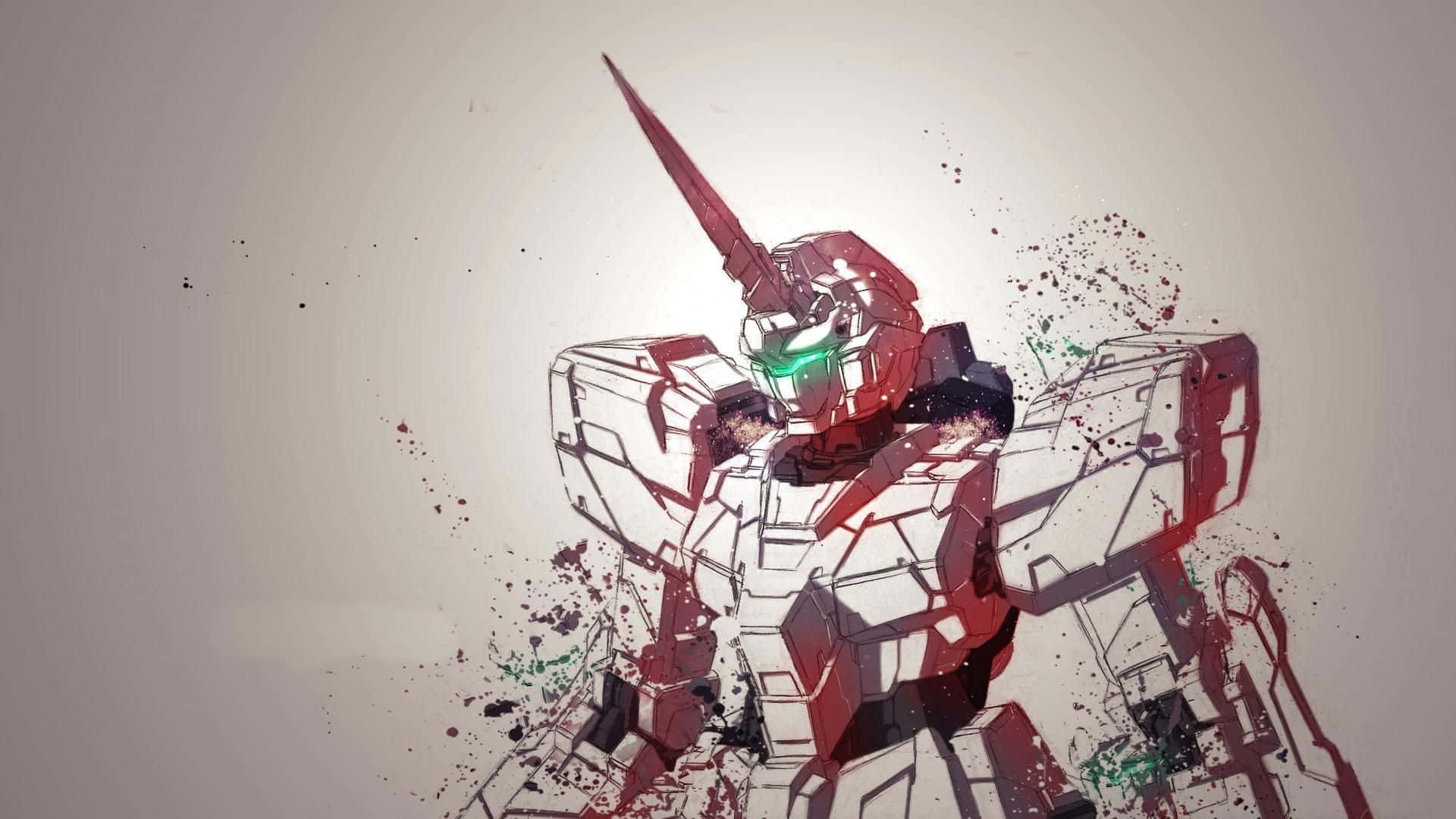 Gundam Unicorn 桌布 壁紙 — 一個紅色和白色的鋼彈機器人，帶有發光的綠色眼睛，動態地站在帶有油漆飛濺的米色背景上。