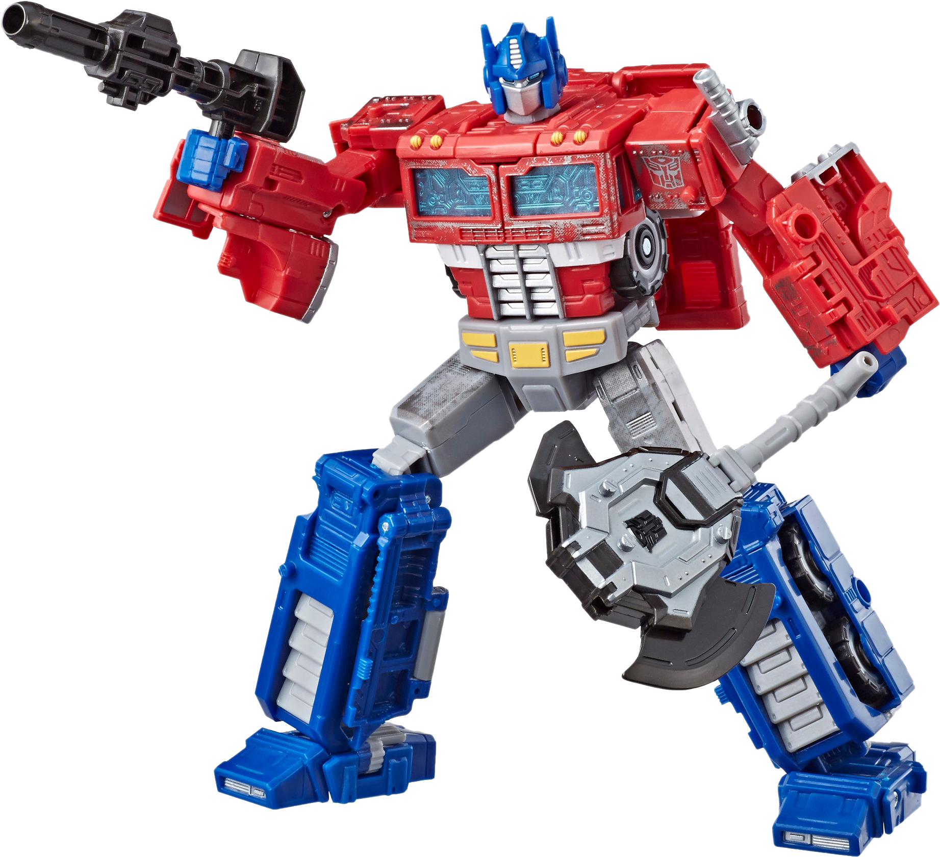 變形金剛 桌布 壁紙 — 一個紅色和藍色的柯博文（Optimus Prime）動作人偶以英雄姿態手持武器，站在黑色背景前。