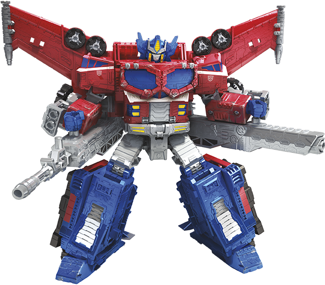 變形金剛 桌布 壁紙 — 一個紅色和藍色的柯博文（Optimus Prime）動作人偶以機器人模式站立，帶有翅膀和武器，背景為黑色。