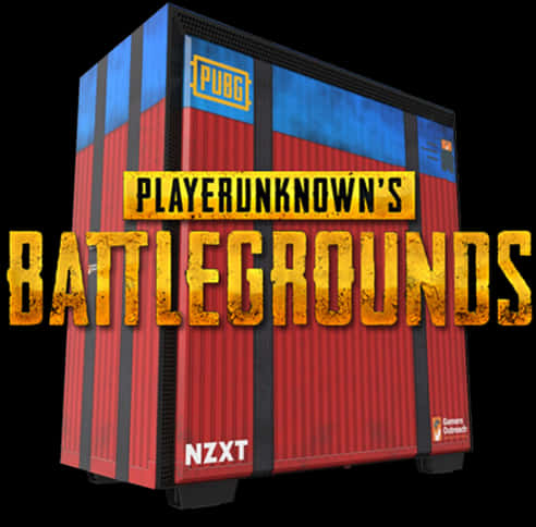 絕地求生 桌布 壁紙 — 一個紅色和藍色的運輸貨櫃，上面有 PlayerUnknown's Battlegrounds 標誌和 NZXT 品牌，背景為黑色。