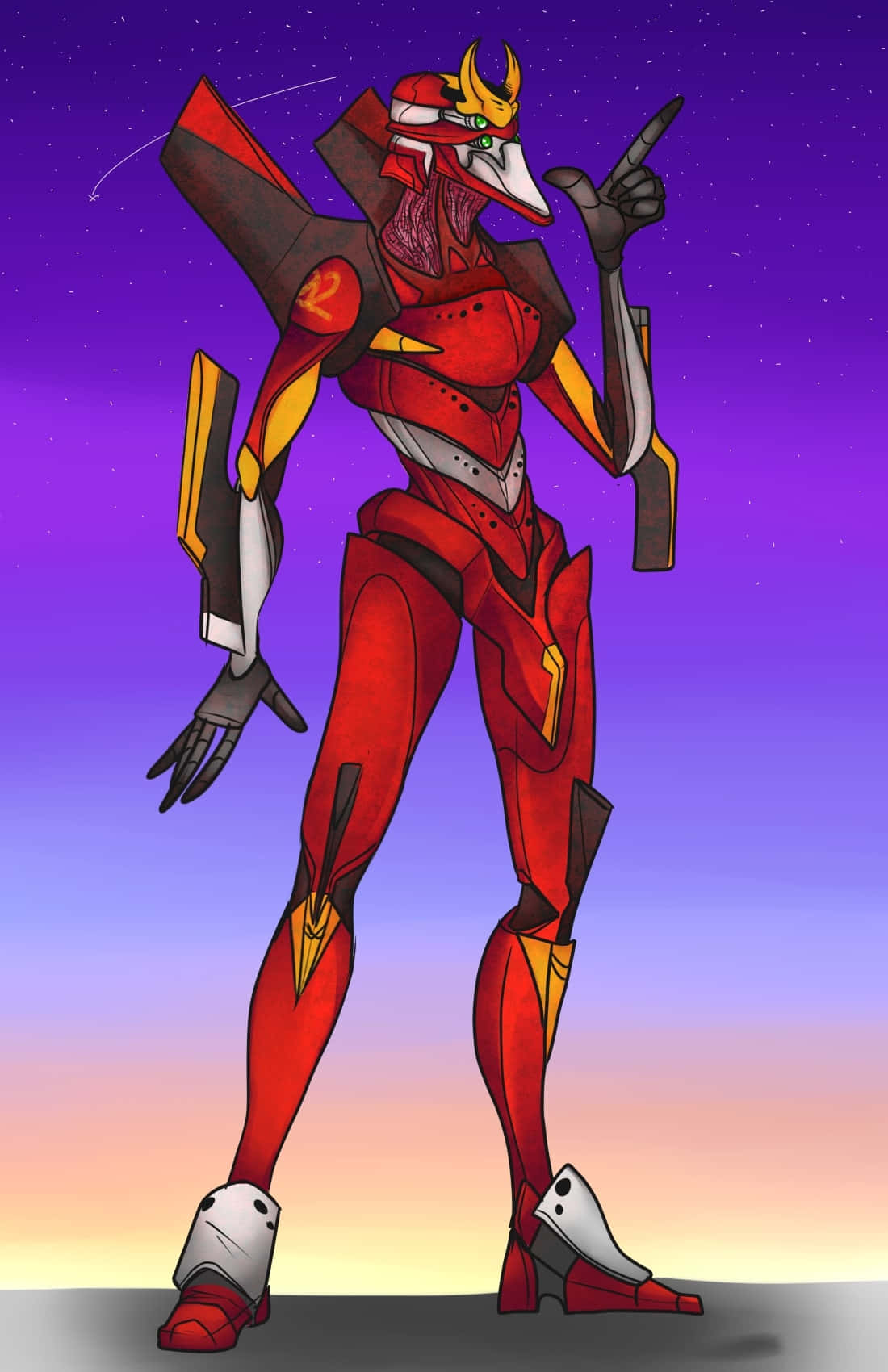 Eva-02 桌布 壁紙 — 一個紅色和金色的裝甲人形機器人，有著鳥類般的頭部，自信地站在繁星點點的紫色日落天空前。