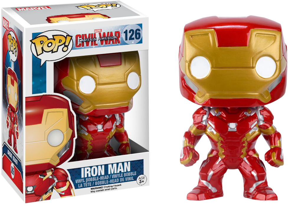 鋼鐵人 桌布 壁紙 — 一個紅色和金色的鋼鐵人 Funko Pop! 乙烯基人偶站在其品牌盒子旁邊，背景為白色。