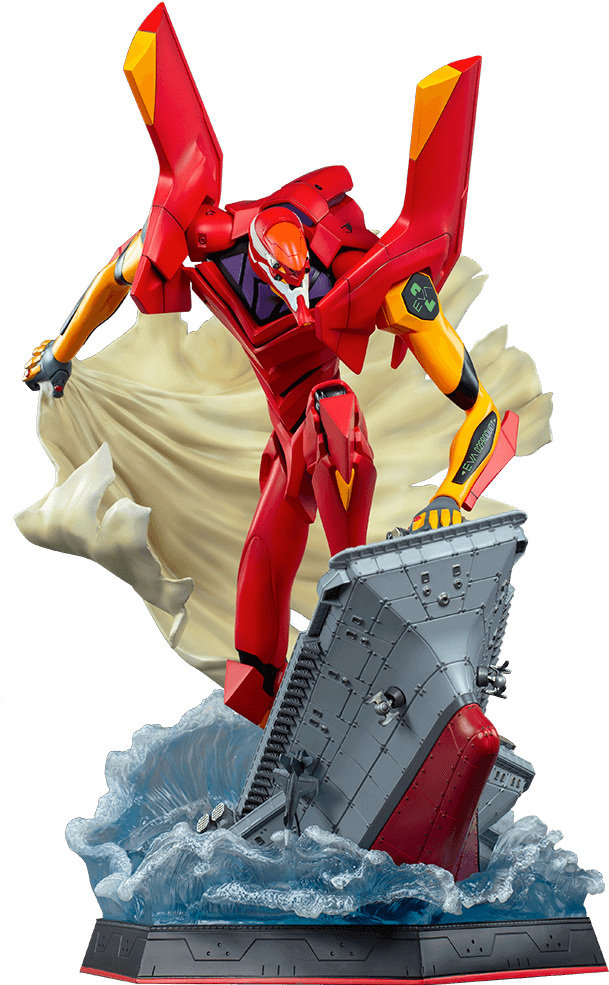 新世紀福音戰士 桌布 壁紙 — 一個紅色和黃色的 Evangelion 單位站在一艘正在下沉的戰艦上，在洶湧的波濤中，身後飄揚著一塊白色的布。