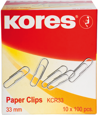 剪貼畫 桌布 壁紙 — 一個紅色和黃色的Kores品牌迴紋針盒，正面顯示銀色金屬夾。