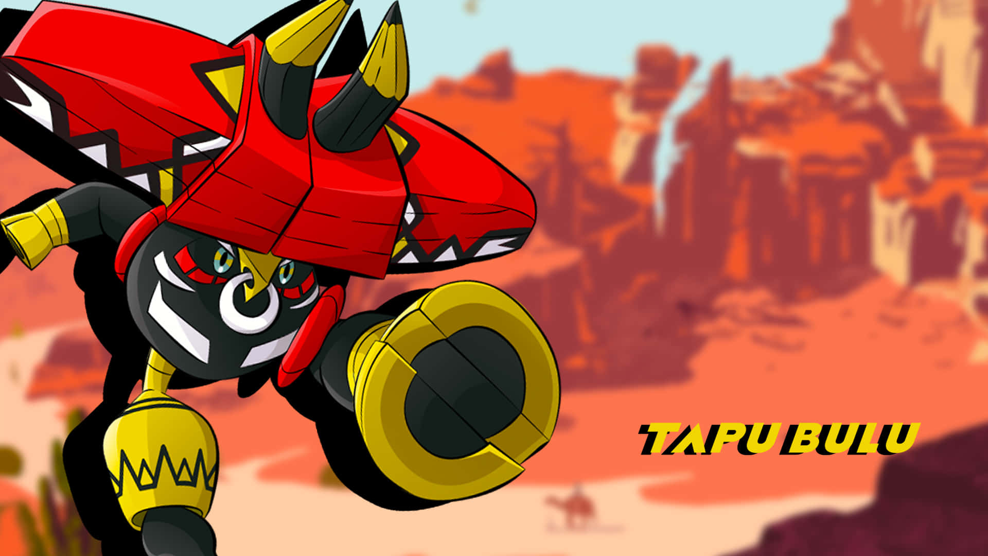 Tapu Bulu 桌布 壁紙 — 一個紅色和黃色的機械恐龍角色，在沙漠峽谷背景下擺出動態姿勢。