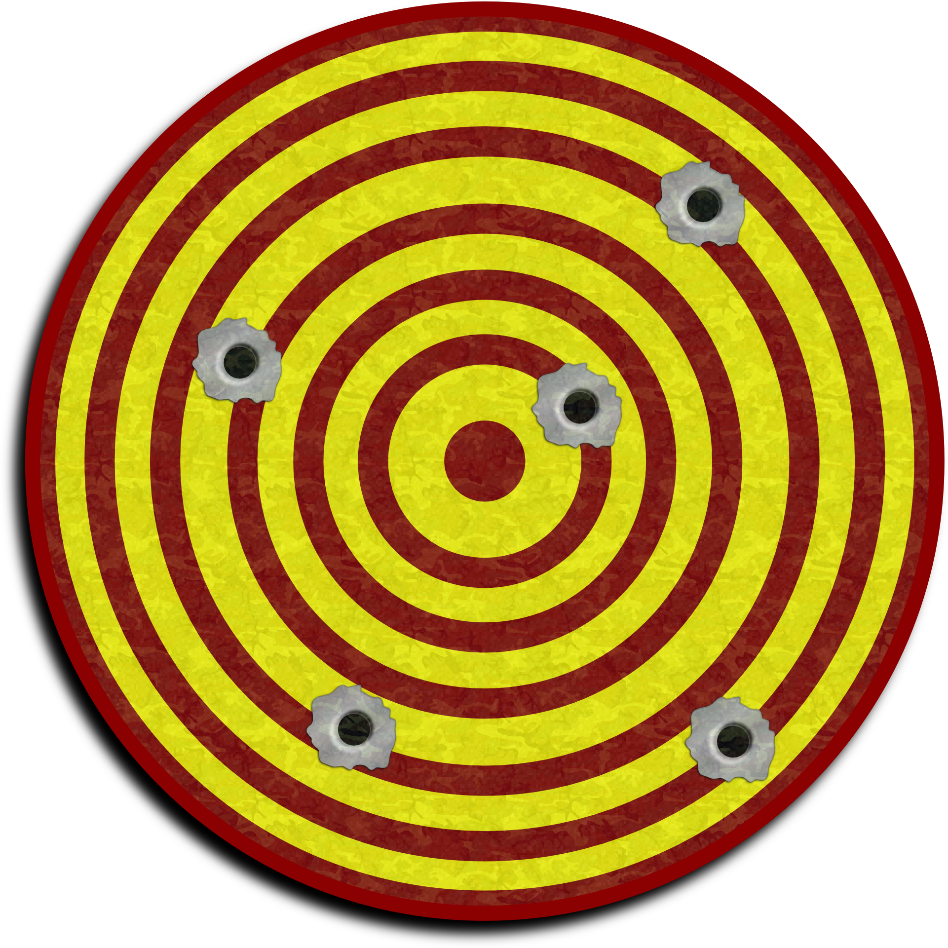 Hypnosis 桌布 壁紙 — 一個紅色和黃色的靶心目標，四個彈孔散落在其同心圓環上，背景為黑色。