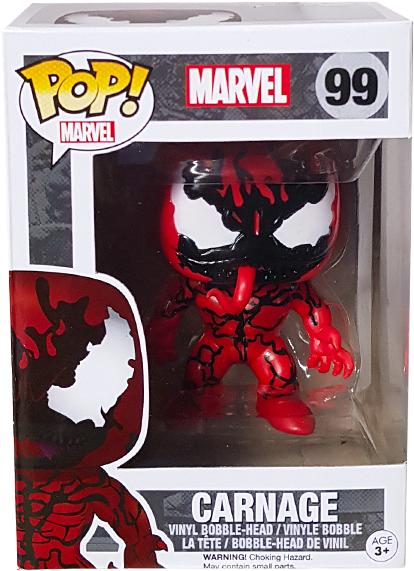 屠殺 桌布 壁紙 — 一個紅色和黑色的 Carnage Funko Pop! 乙烯基人偶，附有原裝包裝和 Marvel 品牌標誌。