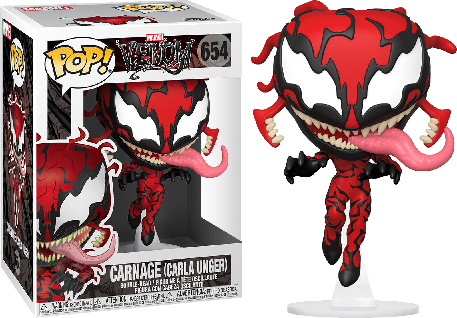 屠殺 桌布 壁紙 — 一個紅色和黑色的 Carnage Funko Pop! 乙烯基公仔，帶有粉紅色舌頭，站在其盒子旁邊，背景為黑色。