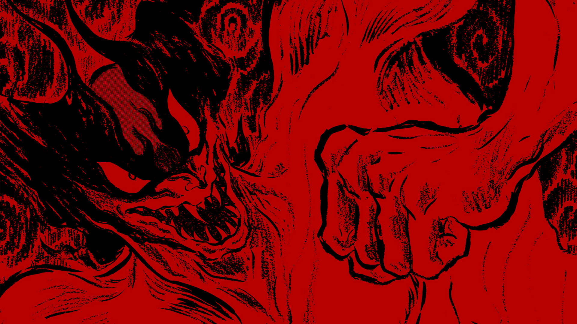 crybaby 桌布 壁紙 — 一個紅色和黑色的威脅性插圖，描繪一個惡魔面孔面對一個緊握的拳頭。