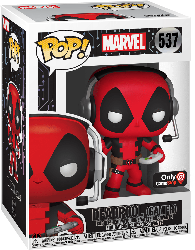 屠殺 桌布 壁紙 — 一個紅色和黑色的死侍Funko Pop!公仔，穿著遊戲裝備，在其品牌盒內拿著控制器。