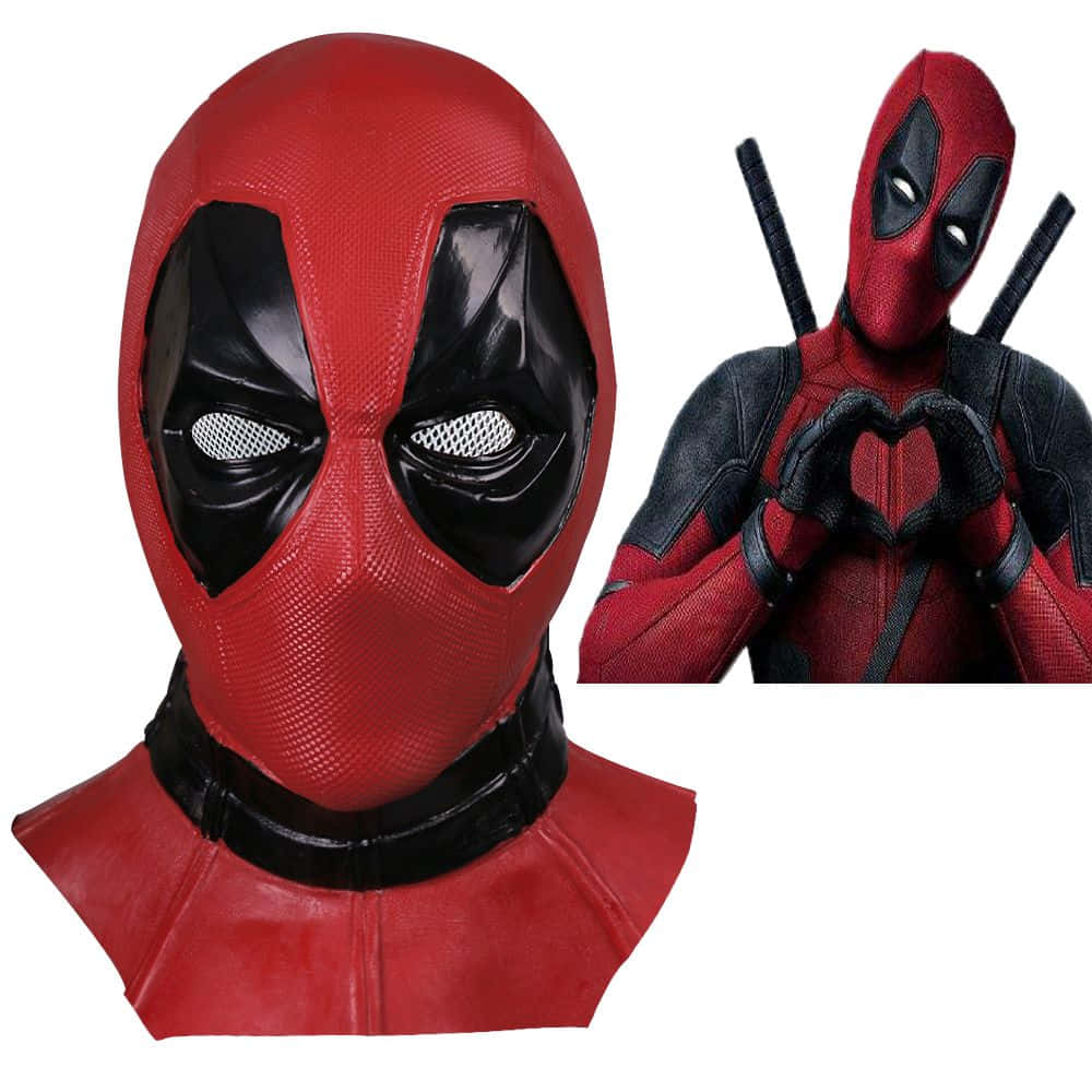 Deadpool Mask 桌布 壁紙 — 一個紅色和黑色的死侍面具，帶有網狀眼孔，以及一個全身套裝，戴著手套的手形成心形。