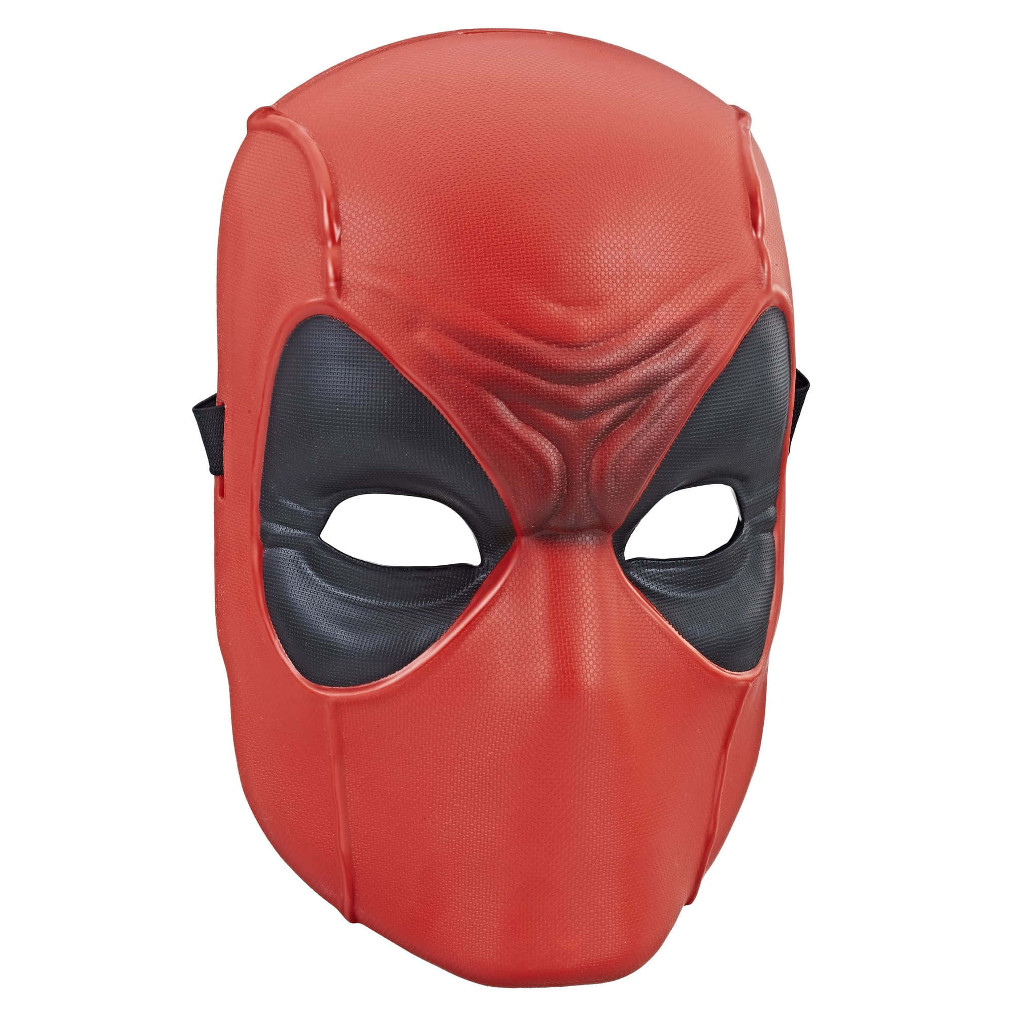 Deadpool Mask 桌布 壁紙 — 一個紅色和黑色的死侍面具，表面有紋理，白色眼孔，背景為純白色。