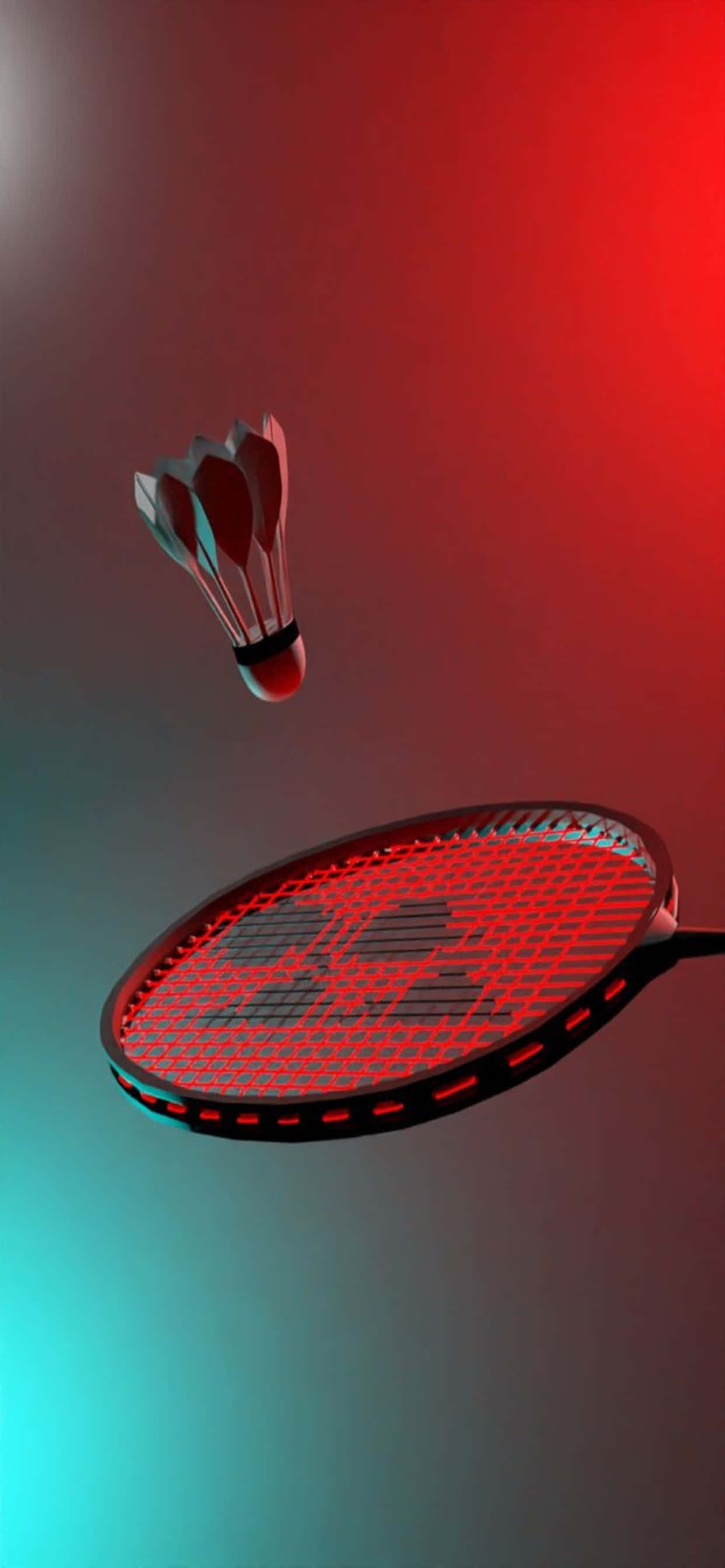 iPhone Xs Max Badminton 桌布 壁紙 — 一個紅色和黑色的羽毛球拍和羽毛球漂浮在紅色和藍綠色的漸變背景上。