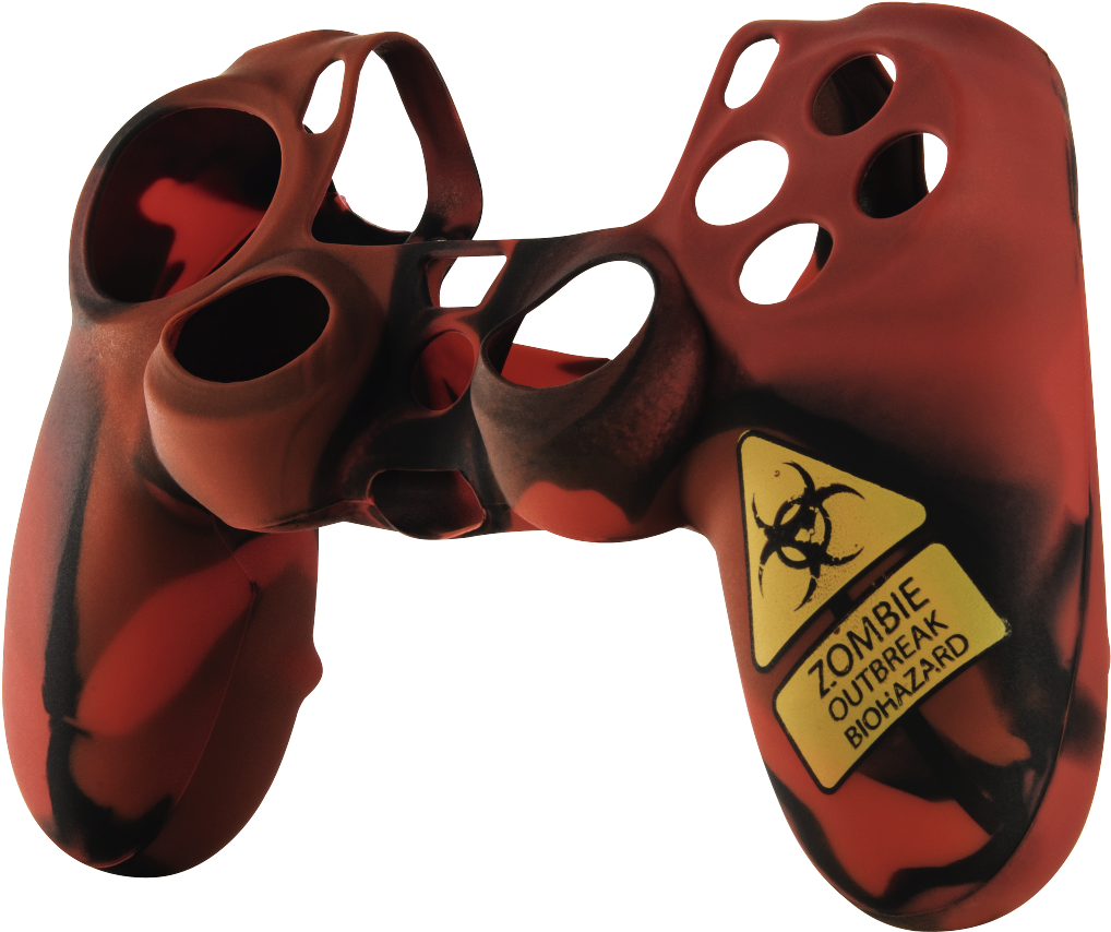 PlayStation 桌布 壁紙 — 一個紅色和黑色迷彩遊戲控制器，帶有殭屍爆發生物危害警告貼紙。