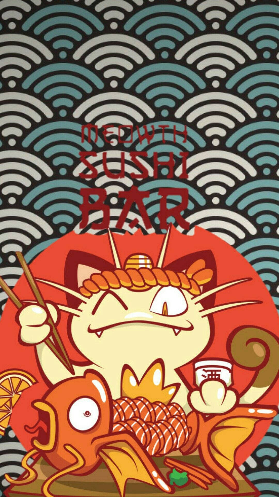 遊戲 桌布 壁紙 — 一個紅色圓圈內的卡通貓廚師，在波浪圖案背景上，用筷子夾著帶有魚和柑橘片的壽司。