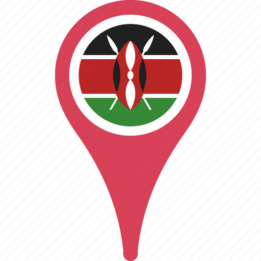 Kenya 桌布 壁紙 — 一個紅色地圖圖釘圖示顯示肯尼亞國旗居中在黑色對角線條紋背景上。