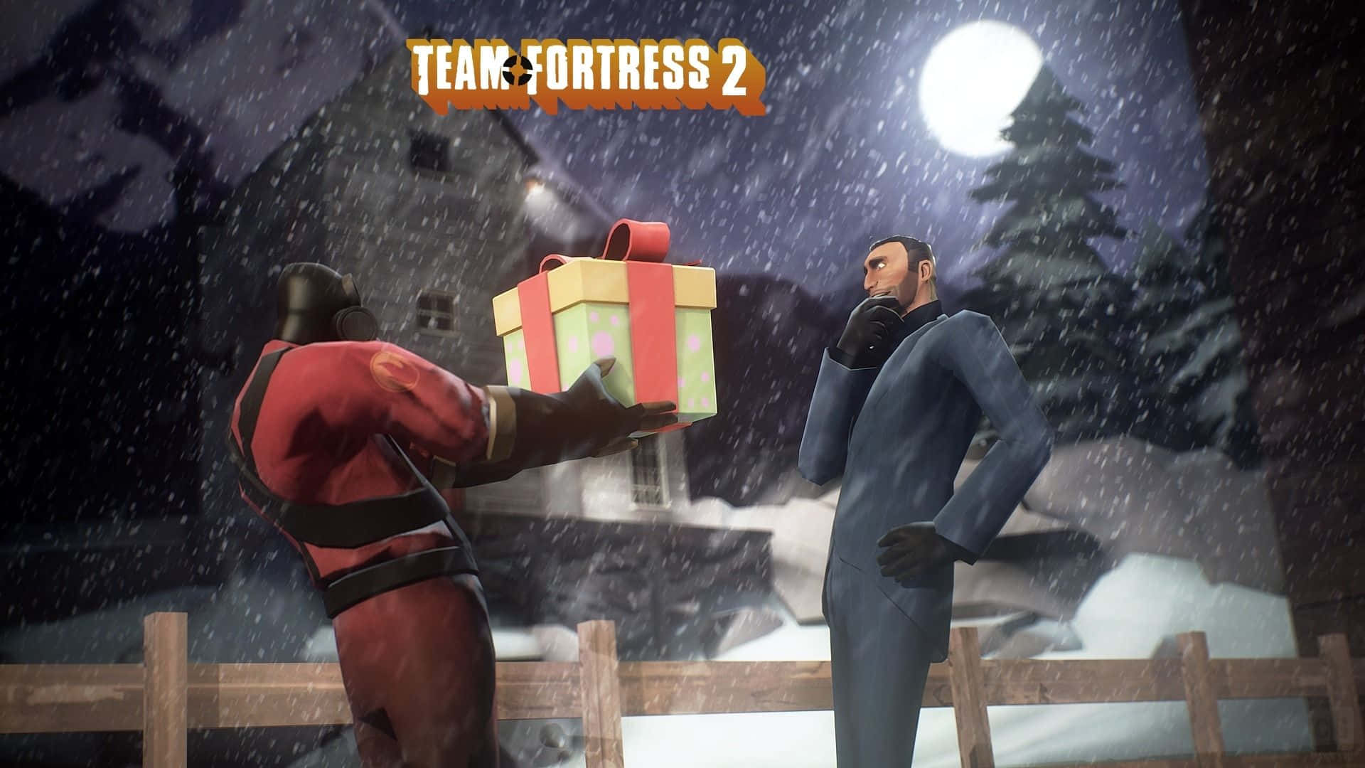1920x1080 Tf2 桌布 壁紙 — 一個紅色套裝角色在滿月下、雪夜遊戲場景中，將禮物遞給一個藍色套裝男子。