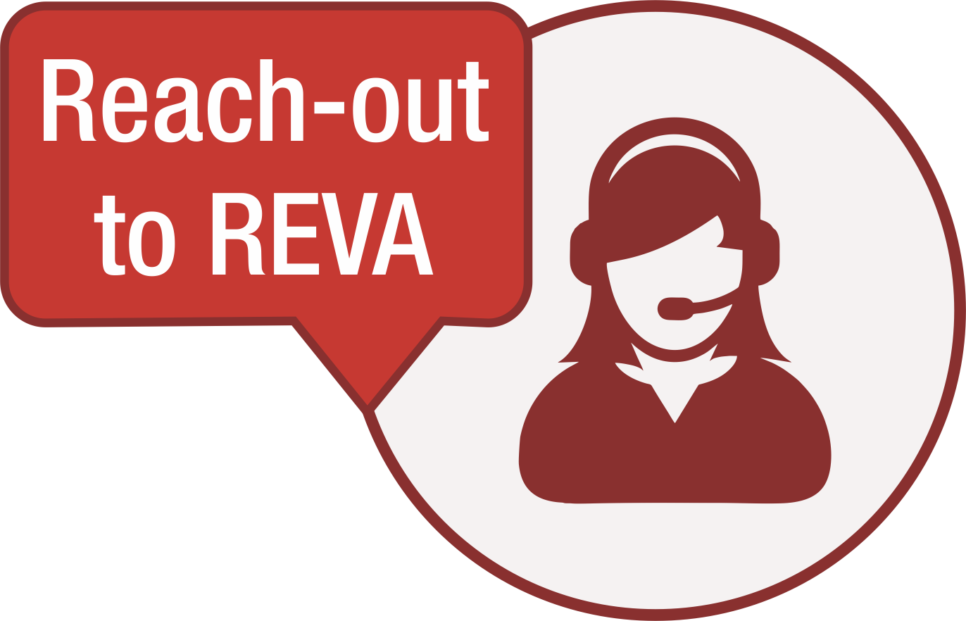 回到未來 桌布 壁紙 — 一個紅色對話框寫著 Reach-out to REVA，旁邊有一個栗色和白色的風格化客戶服務代理圖標。