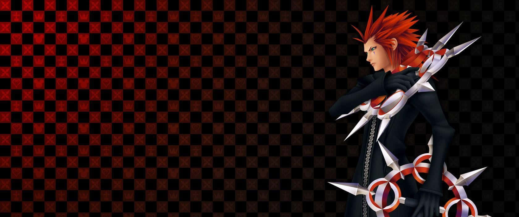 Kingdom Hearts Riku 桌布 壁紙 — 一個紅色尖刺頭髮、身穿黑色盔甲的動漫角色，在紅黑格子背景前揮舞著一把鑰匙形狀的武器。