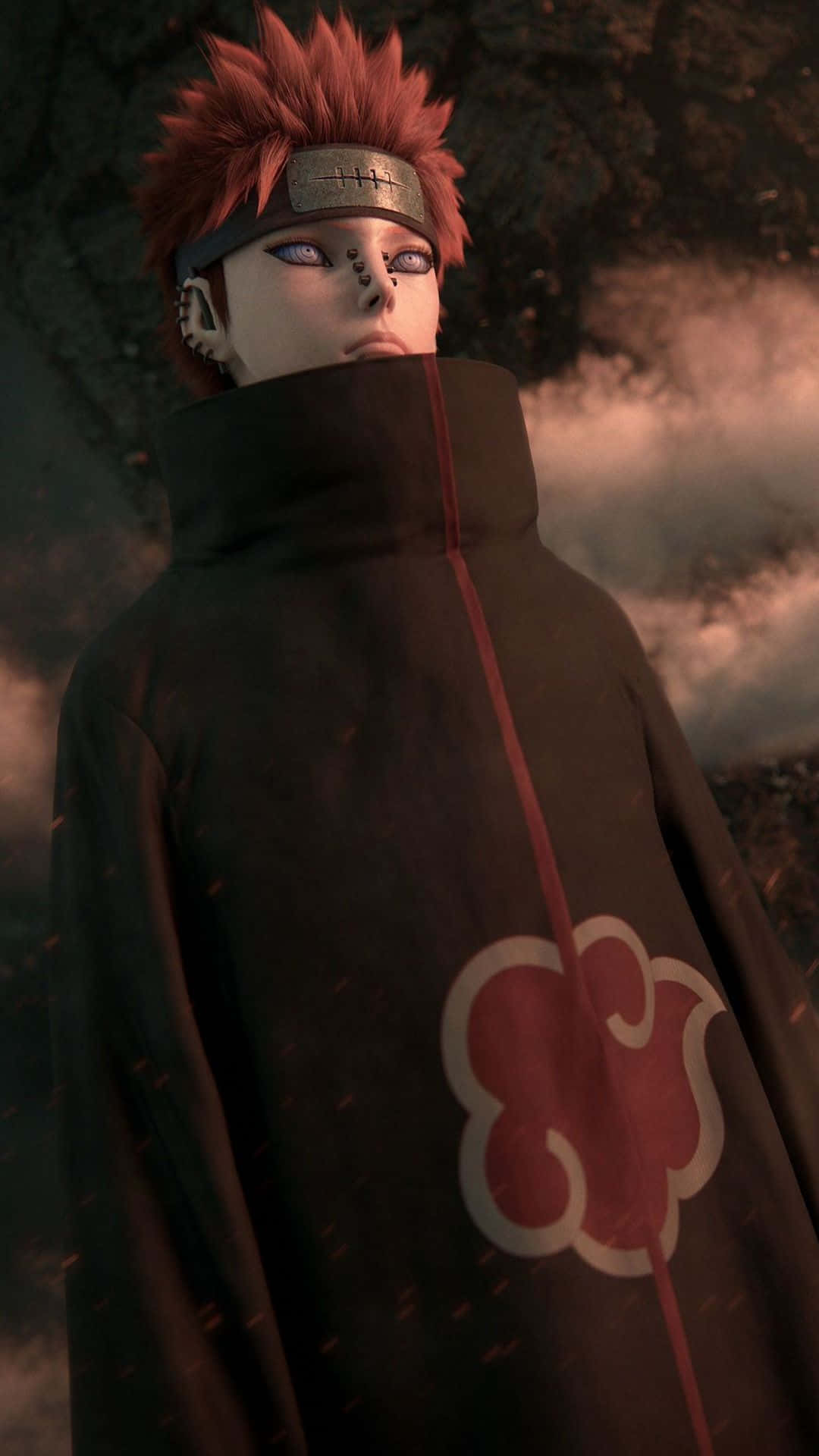 Akatsuki Pain 桌布 壁紙 — 一個紅色尖刺頭髮的動漫角色，身穿帶有紅色雲朵標誌的黑色斗篷，站在煙霧繚繞的暮色背景前。