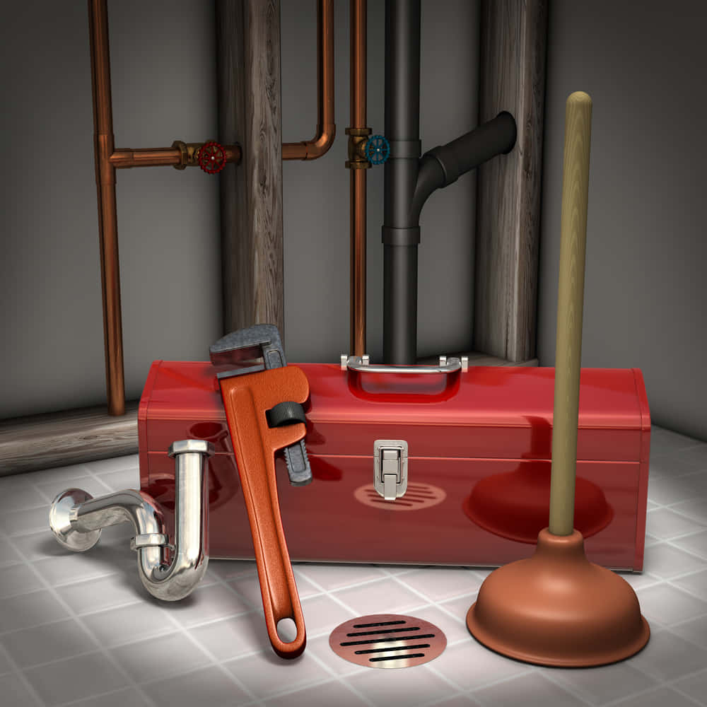 Plumbing 桌布 壁紙 — 一個紅色工具箱內有水管工具，放在瓷磚地板上，旁邊有銅管和通渠泵，在光線昏暗的雜物房內。