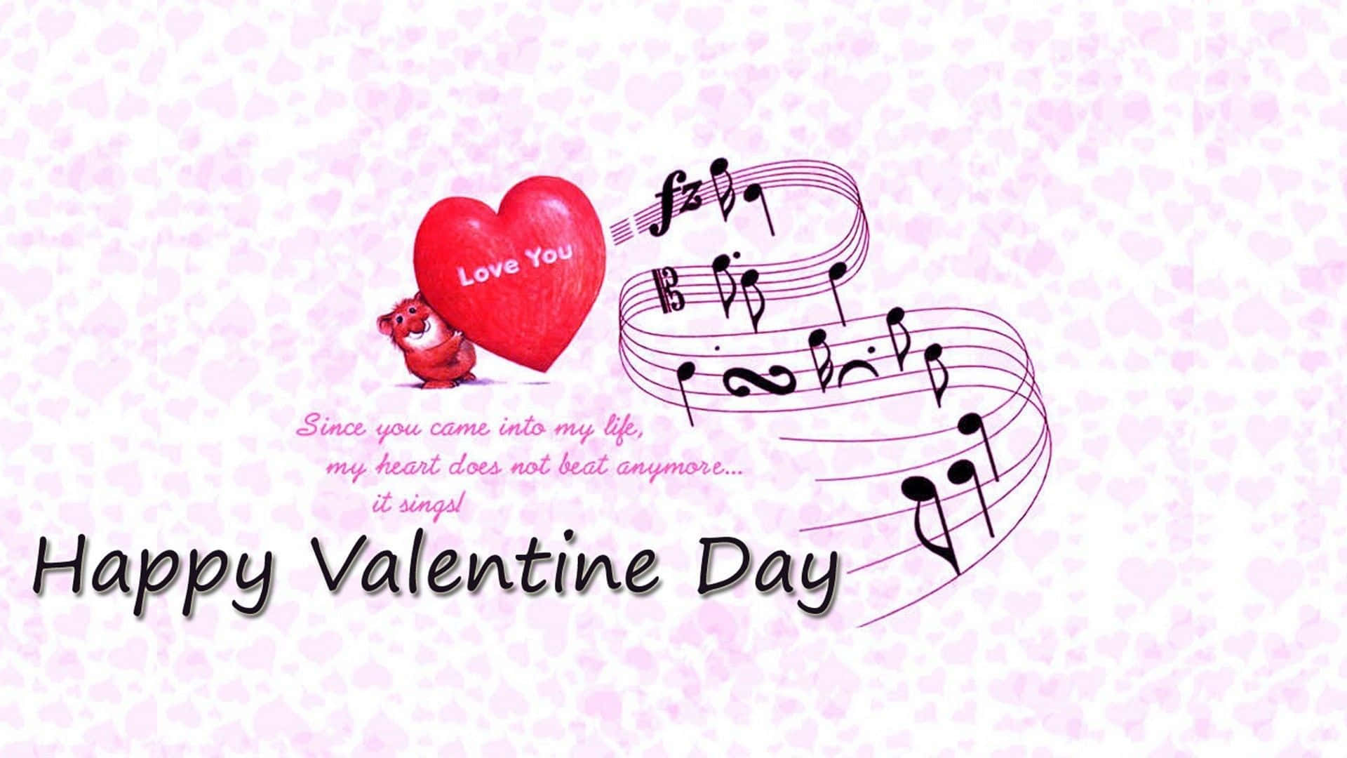 Cute Happy Valentine Day 桌布 壁紙 — 一個紅色心形，上面有「Love You」文字和一隻泰迪熊，旁邊有旋轉的音符，背景是粉紅色心形圖案。