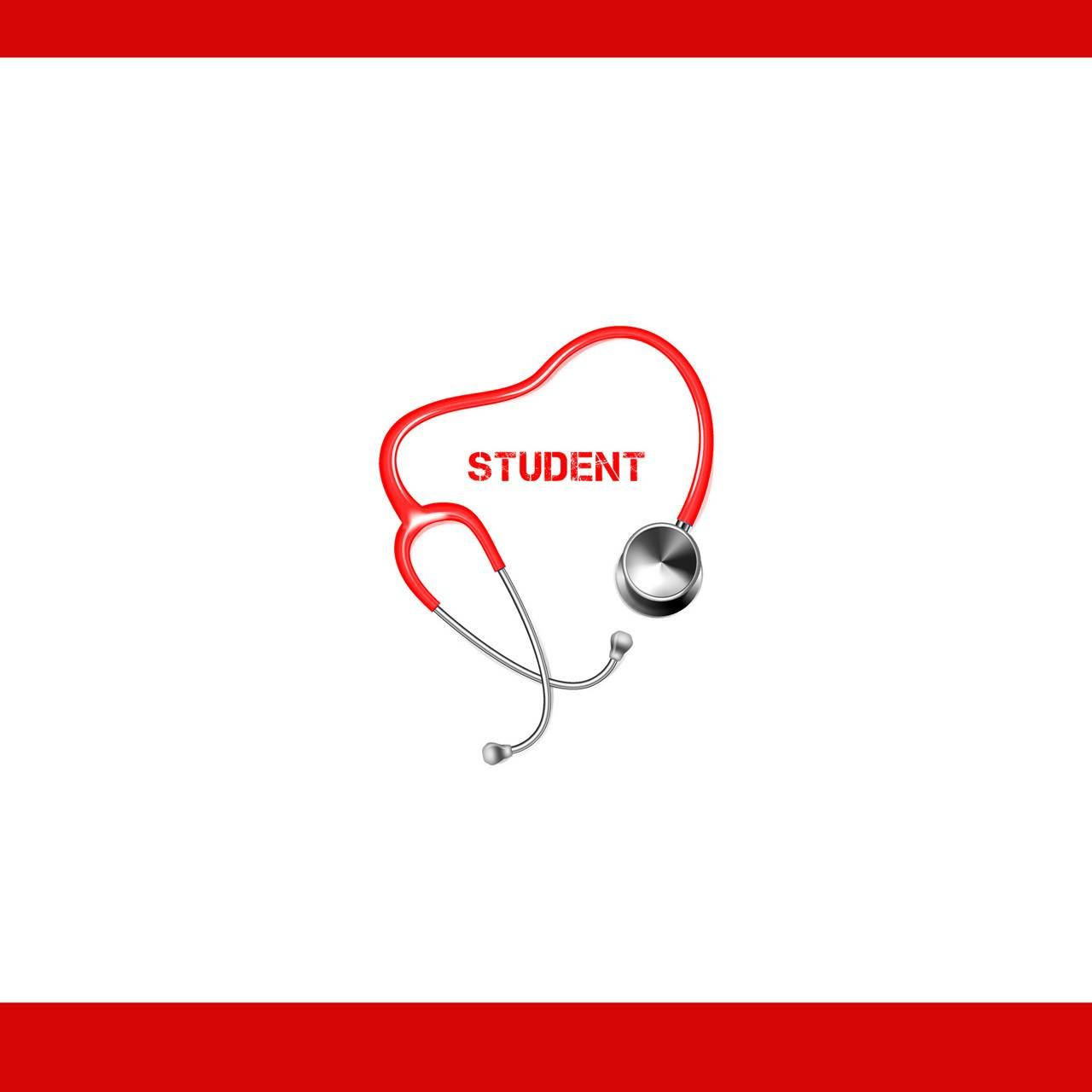 medical motivation 桌布 壁紙 — 一個紅色心形聽診器，內有student字樣，置於白色背景上，帶紅色邊框。